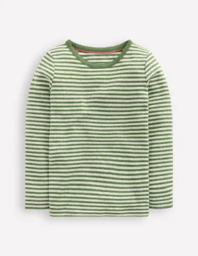 Comfy Pieces Light Casual Long Sleeve Pointelle Top-Safari Green Stripe