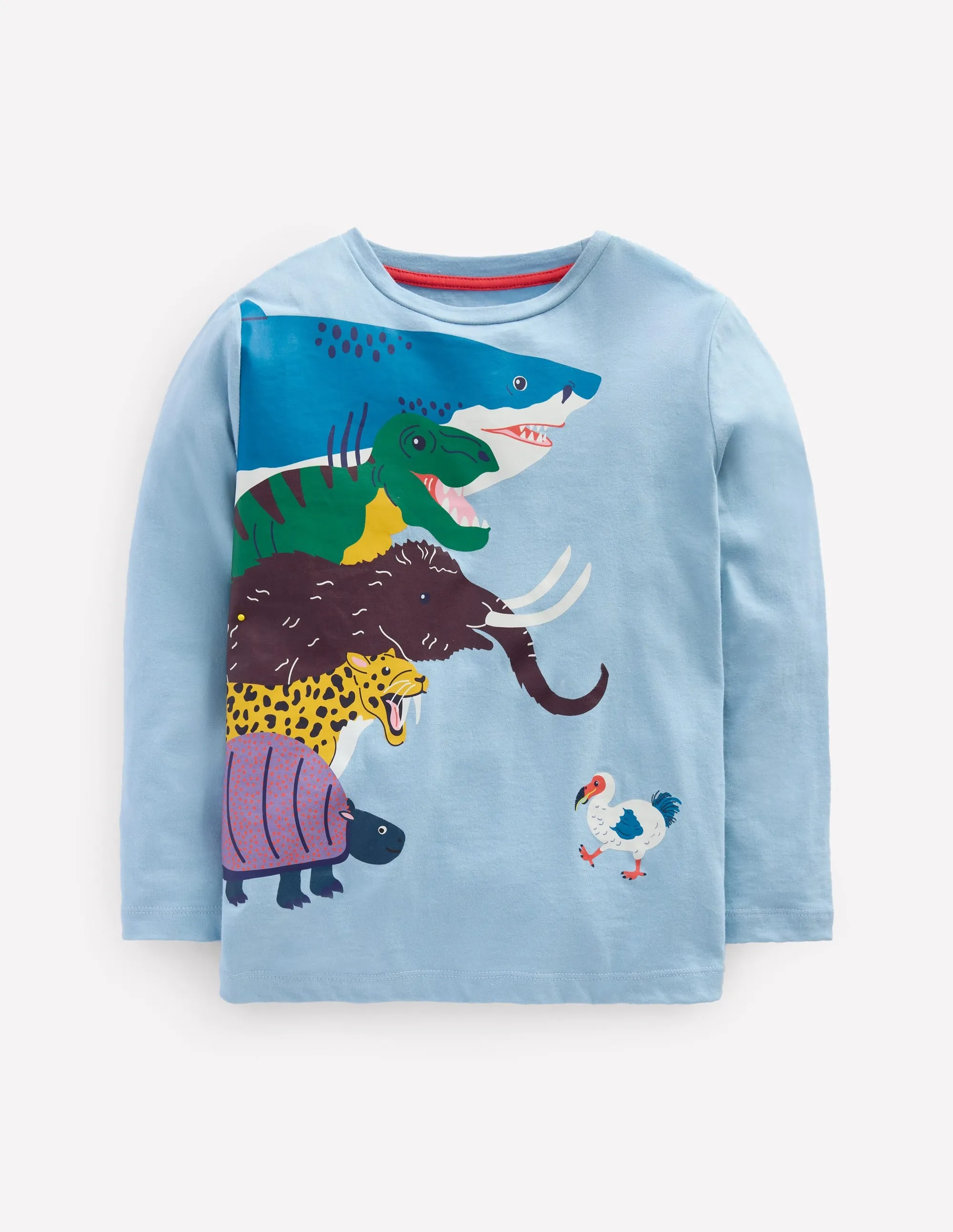 Reflective Trim Layered Neckline Long Sleeve Printed T-shirt-Glacier Blue Prehistoric