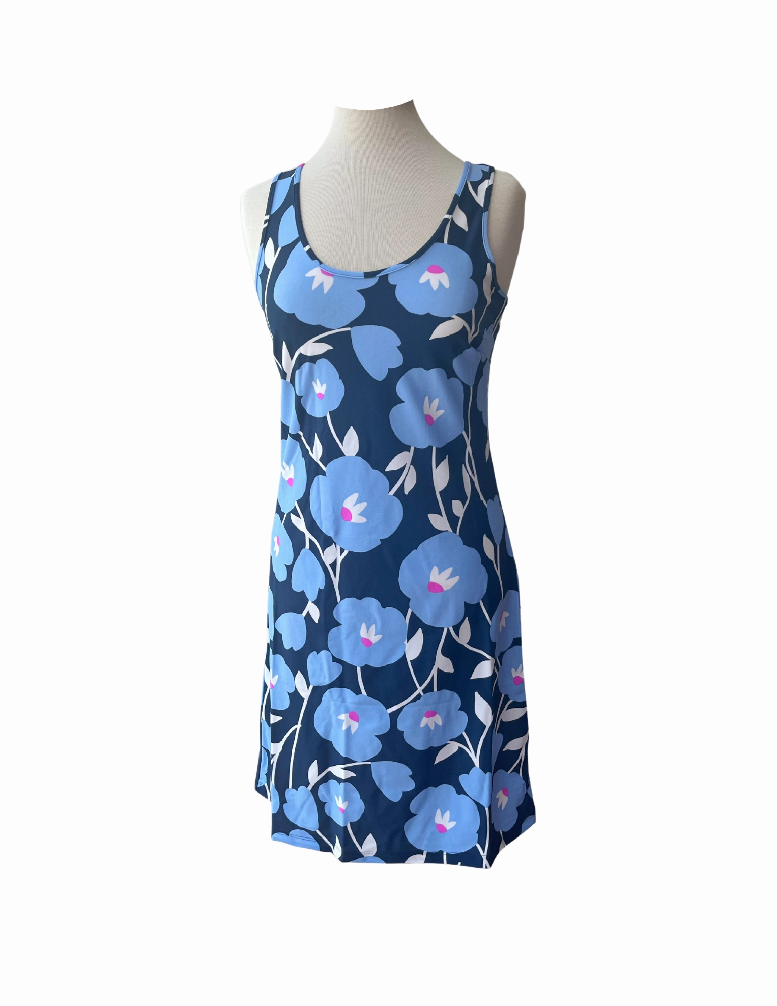 Long Bali Tank Dress Pop Art Flower Navy Sophisticated and Relaxed
