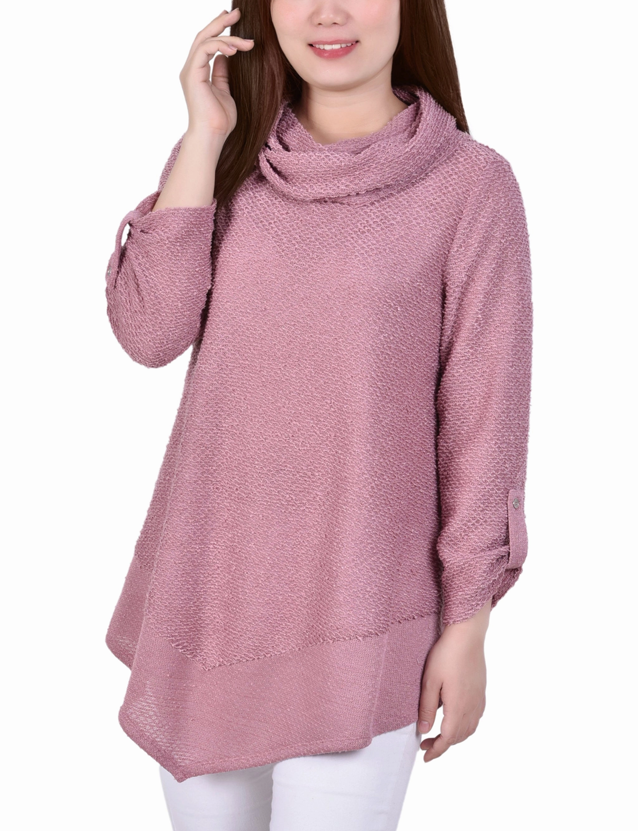Comfortable Layer Long Roll Tab Sleeve Nubby Cowl Neck Top