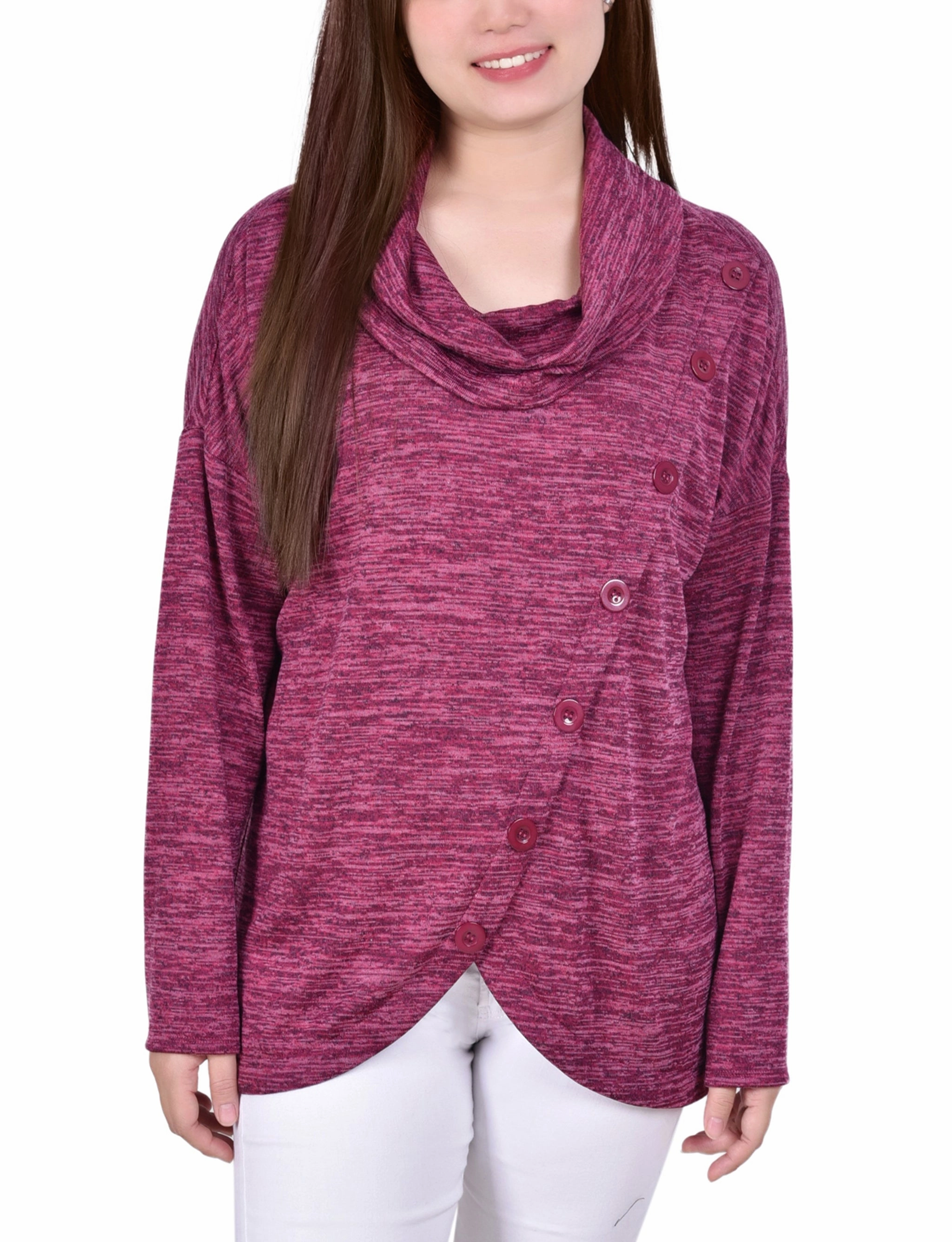 Long Sleeve Cowl Neck Top With Button Detail Flexible Material Cozy Fit