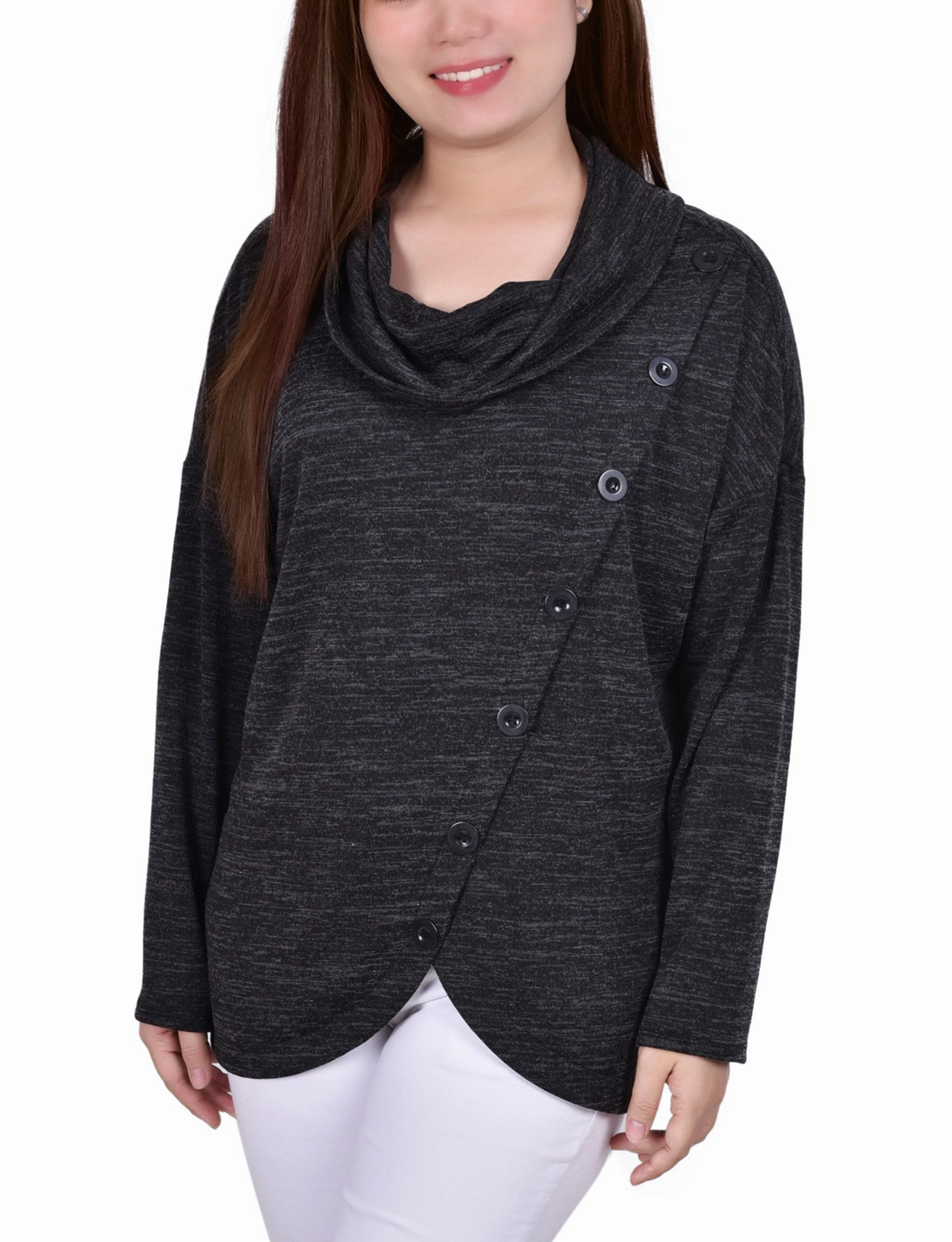 Ultra Soft Texture Wrinkle Resistant Textile Long Sleeve Cowl Neck Top With Button Detail