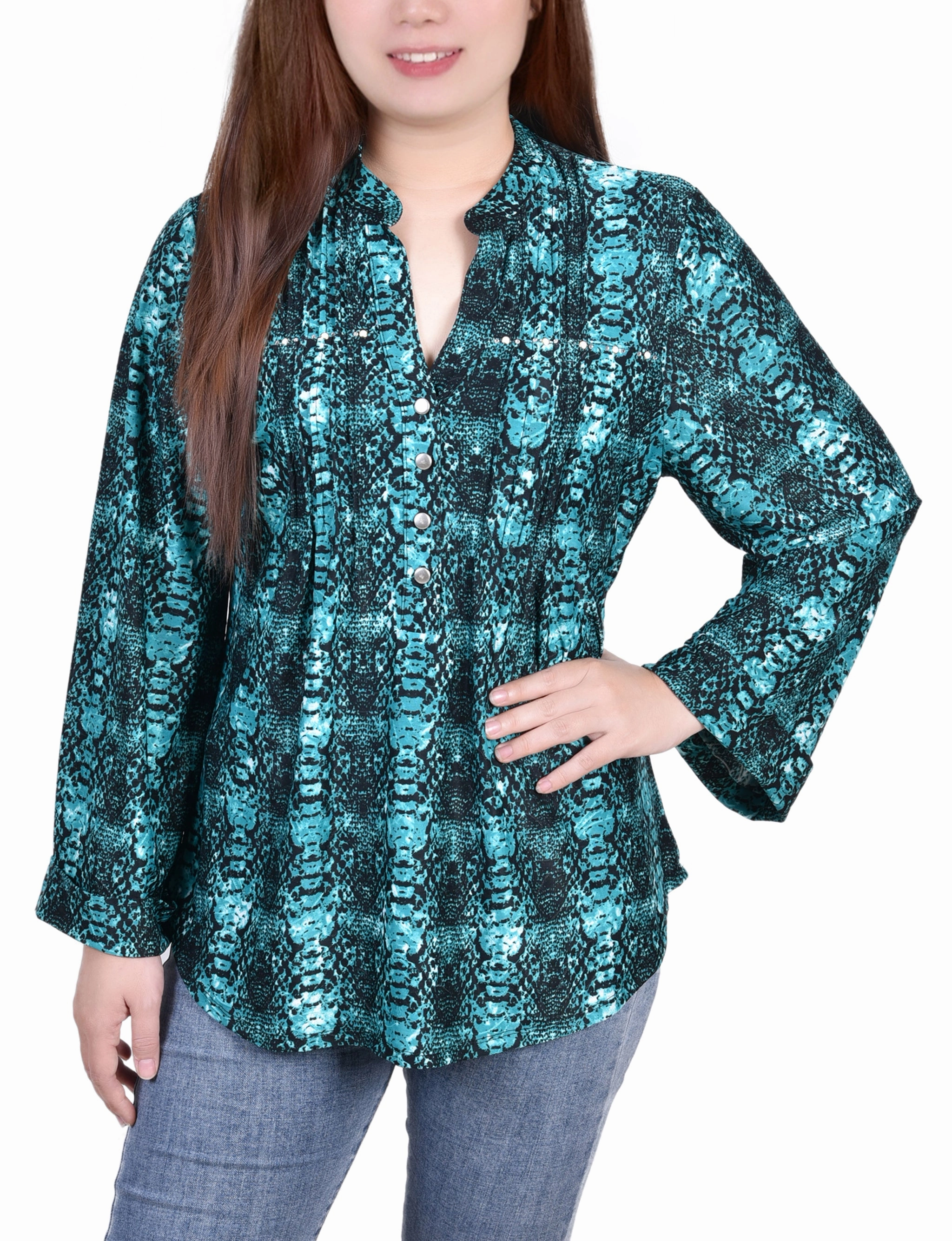 AntiStatic Coating Long Sleeve Jacquard Knit Y Neck Top