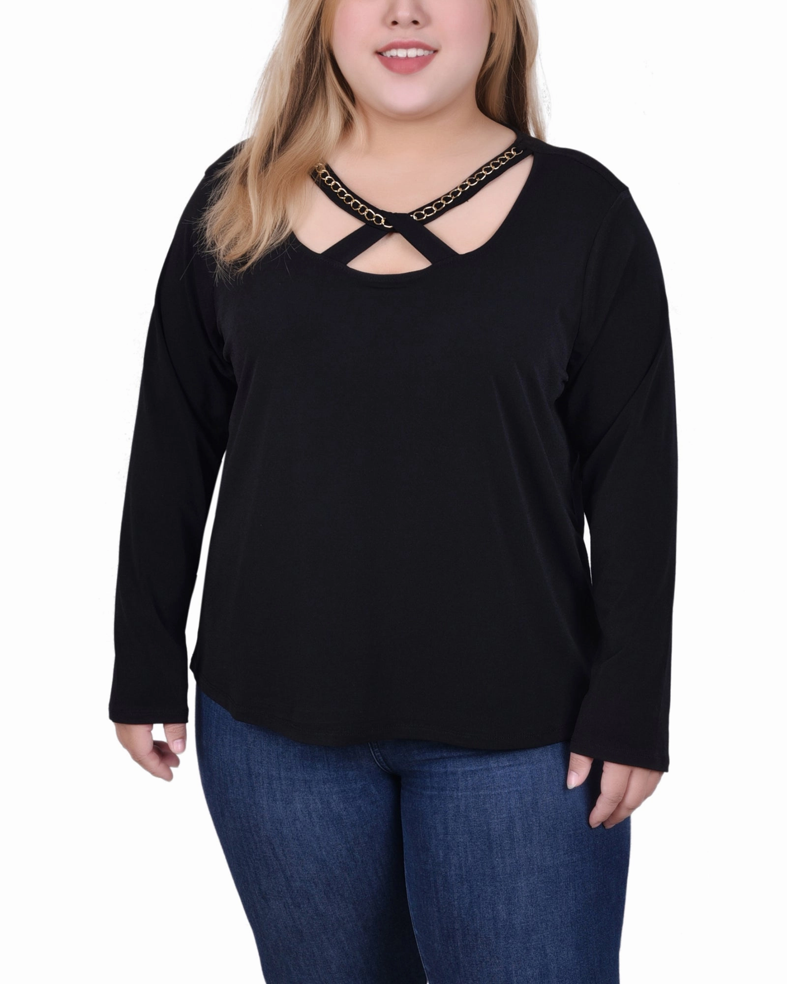 Lightweight Blouse BrushedInnerSurface Long Sleeve Jeweled Neck Top