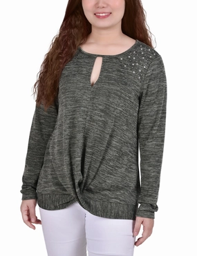 Long Sleeve Knit Keyhole Top With Studs BondedHemline