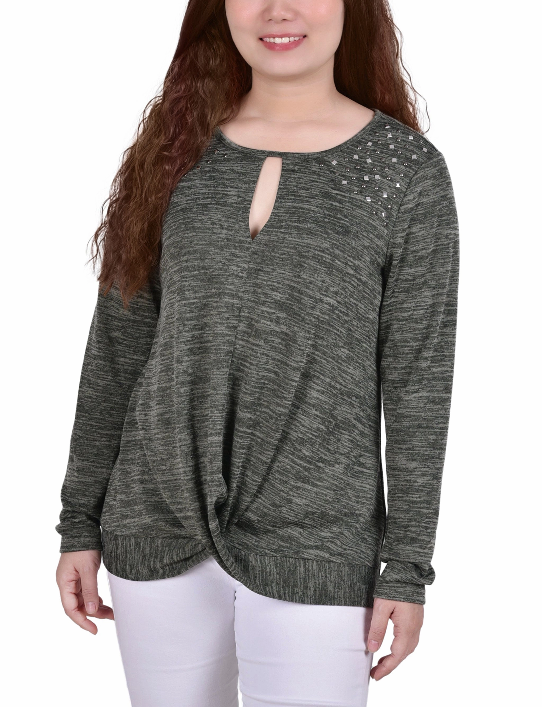 Long Sleeve Knit Keyhole Top With Studs SubtleTexture