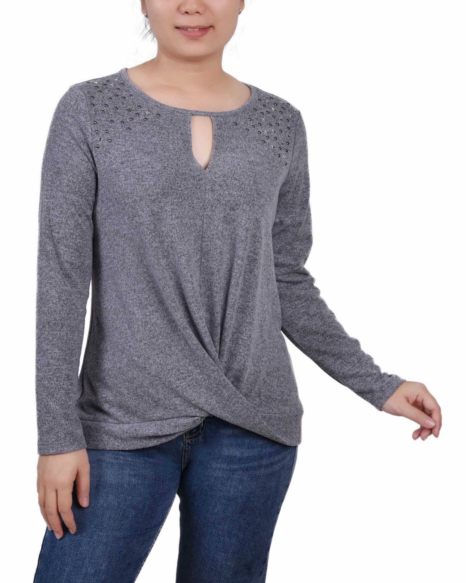 Fashion Statement QuickRelease Long Sleeve Knit Keyhole Top With Studs