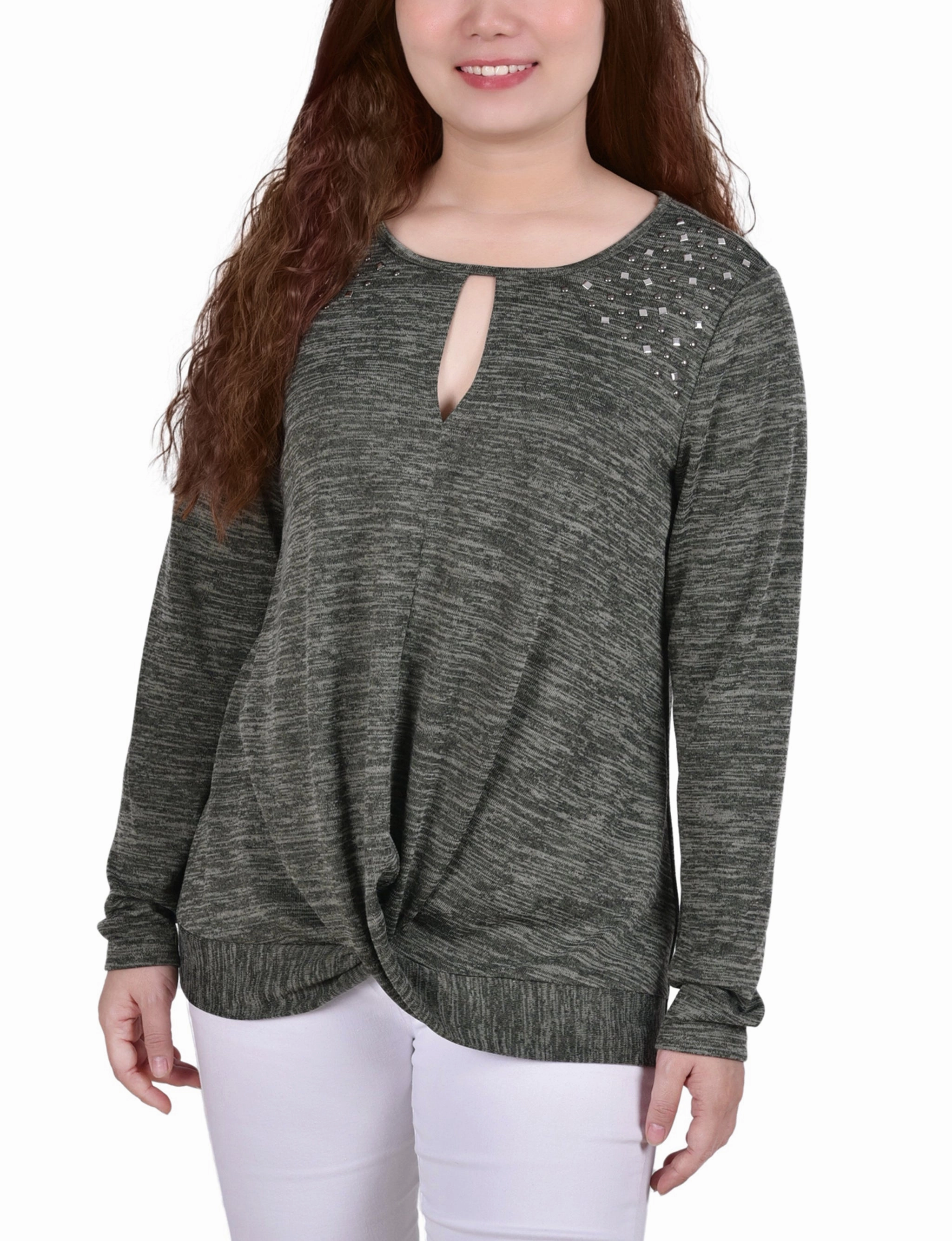 Long Sleeve Knit Keyhole Top With Studs Fitted Blouse Minimalist Aesthetic