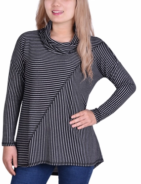 Ultraviolet Protection Finish Long Sleeve Mini Striped Seamed Cowl Neck Top