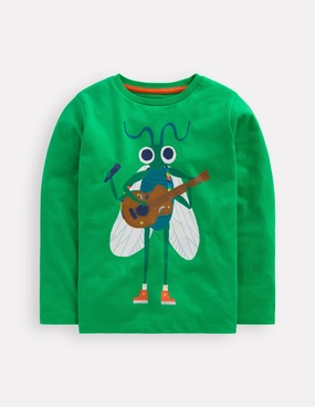 Long Sleeve Novelty T-shirt-Sapling Green Music Bug LayeredDurability Cooling Technology