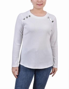 Long Sleeve Ribbed Button Detail Top Yarn Dye Stripe