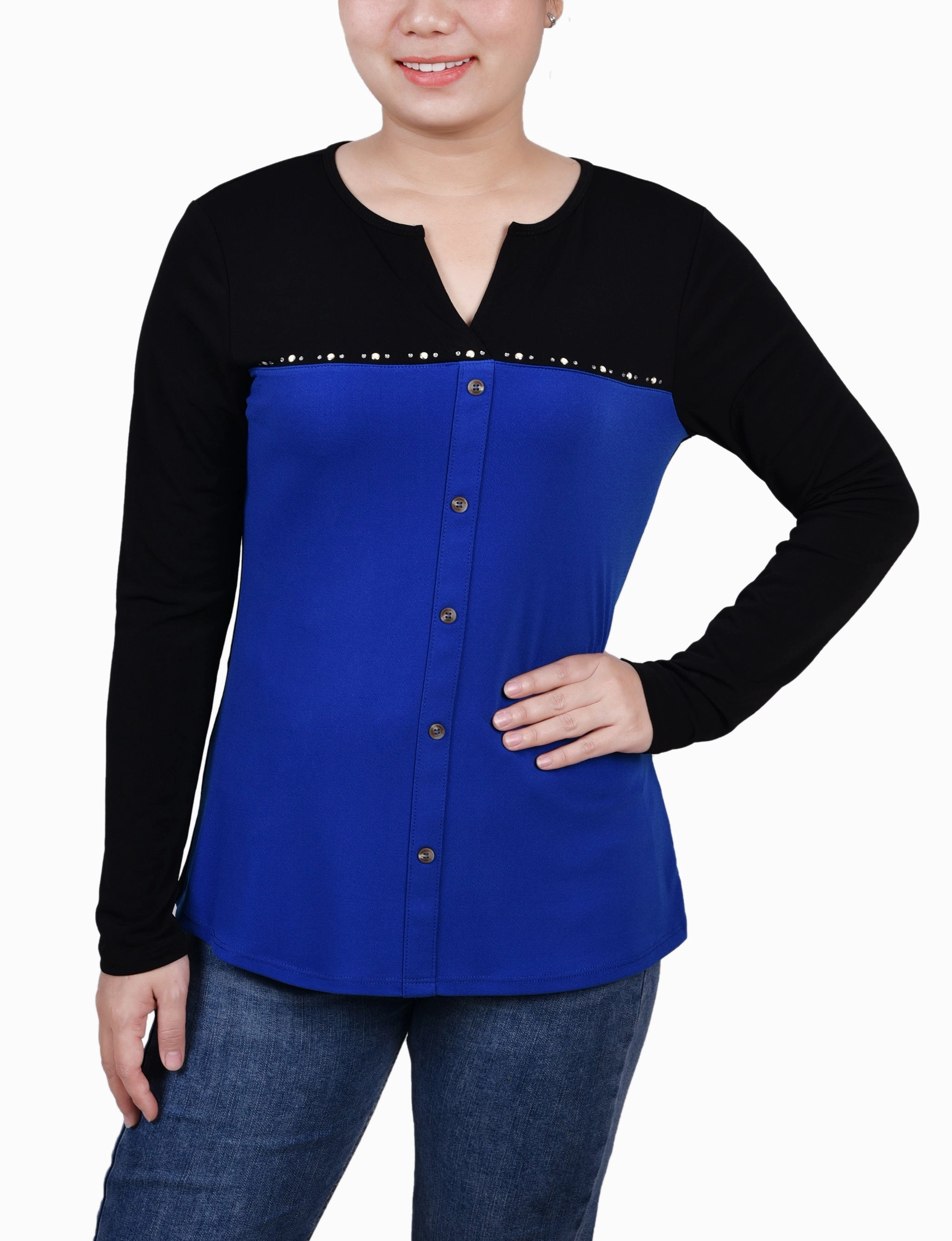 Long Sleeve Studded Colorblocked Split Neck Top LightweightConstruction Lightweight Weave Material