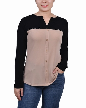Thermal Insulation Layer Long Sleeve Studded Colorblocked Split Neck Top