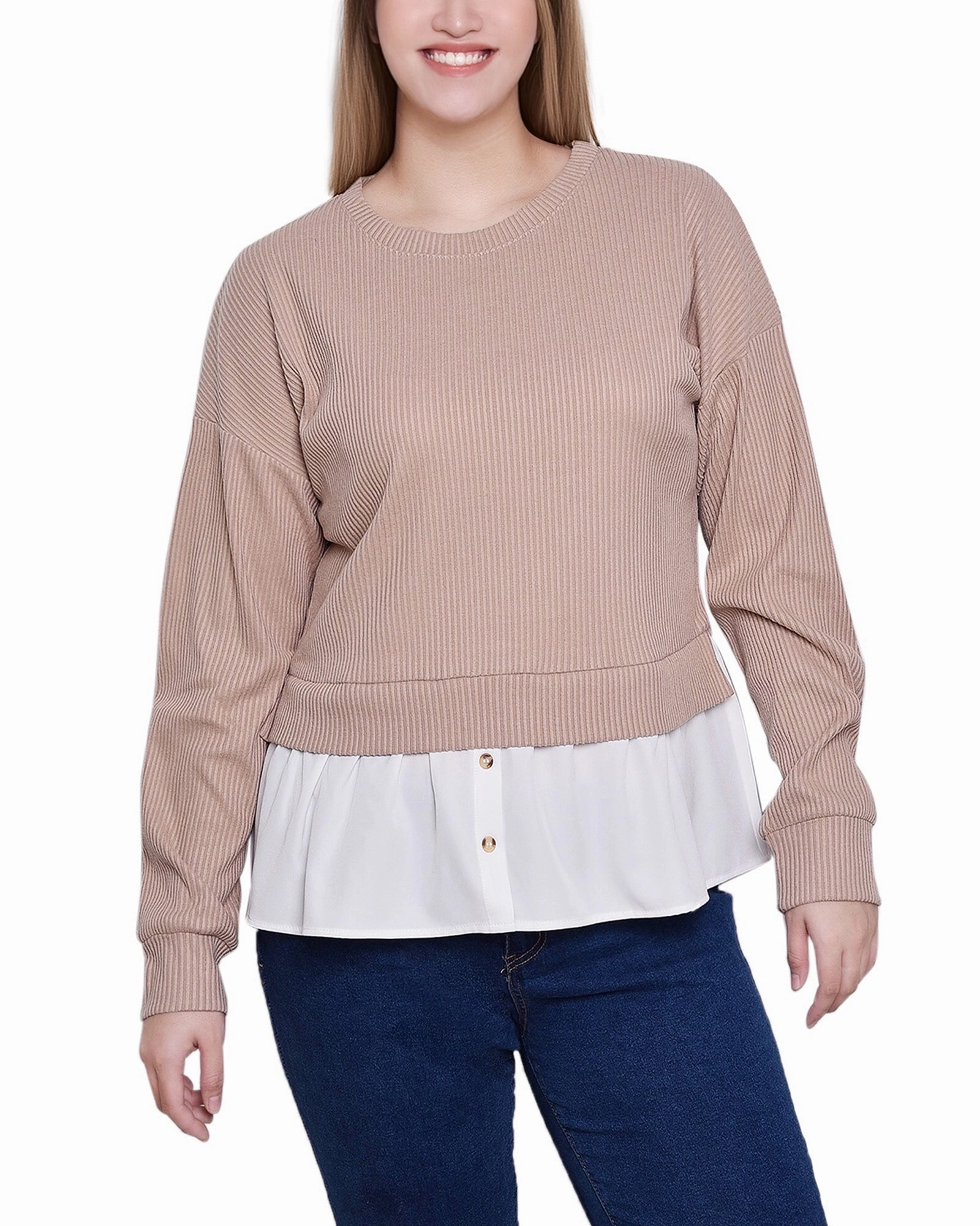 OrganicCotton SubtleTexture Long Sleeve Two-Fer Top With Gathered Inset