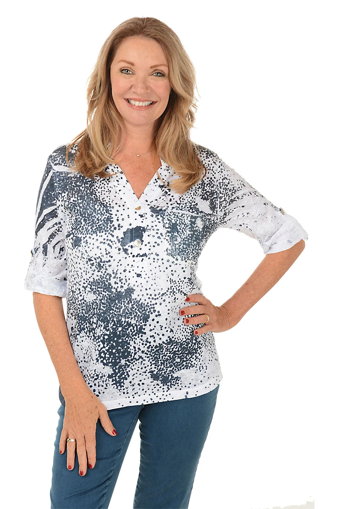 LayeredDurability Petite Dalmation Dots Roll Sleeve Top