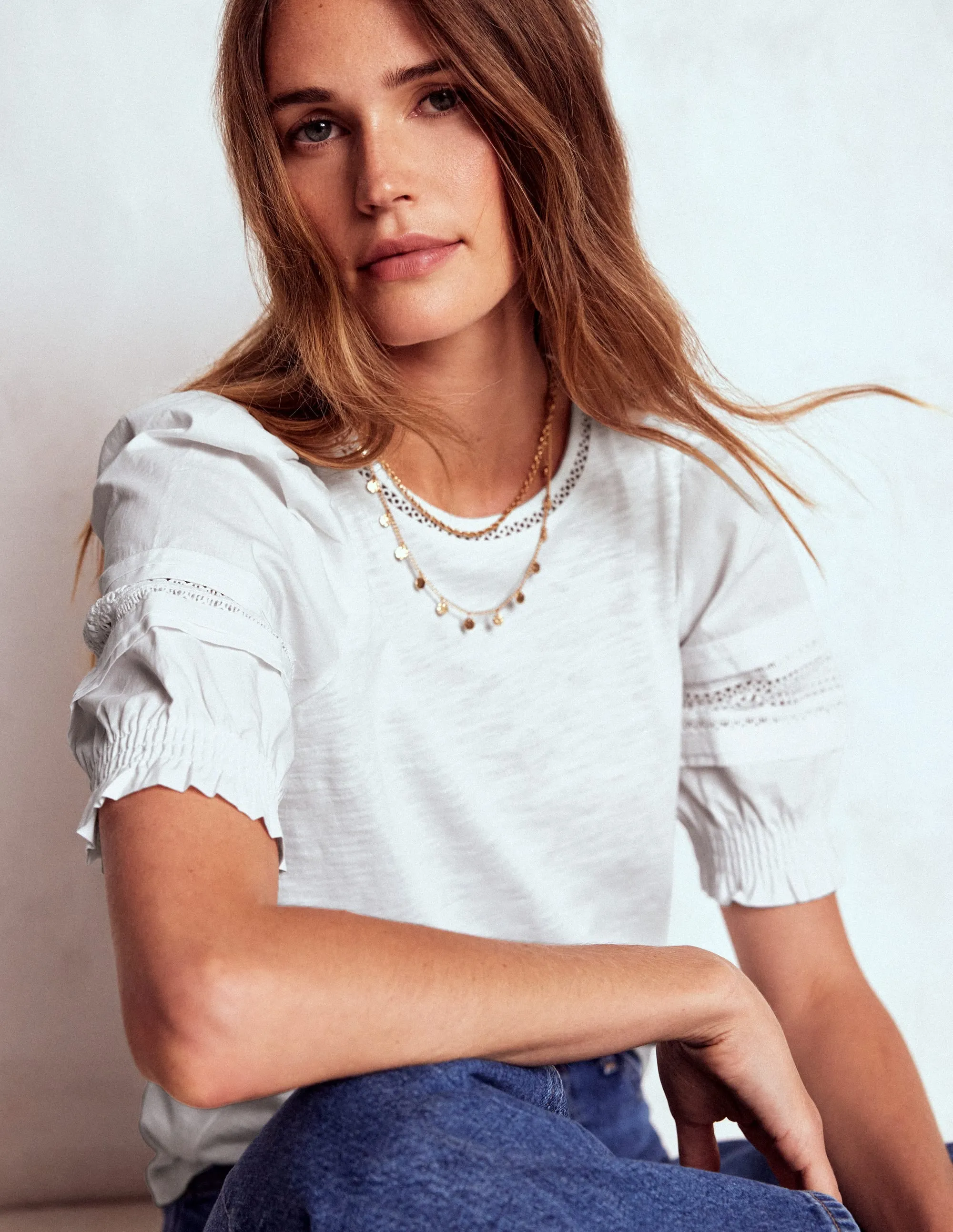 HighStretchElastic ReinforcedEdges Lottie Puff Sleeve Top-White