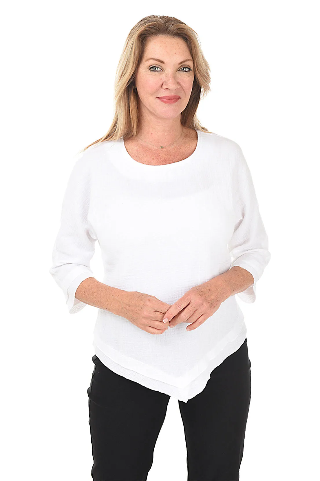 Weighted Hem Trim Bubble Gauze Handkerchief Hem Blouse