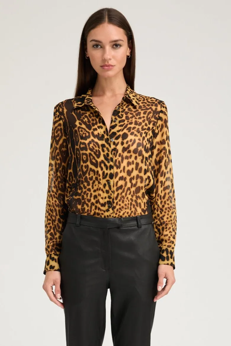 Soft Blended Fabric Dark Leopard Silk Fitted Button Down