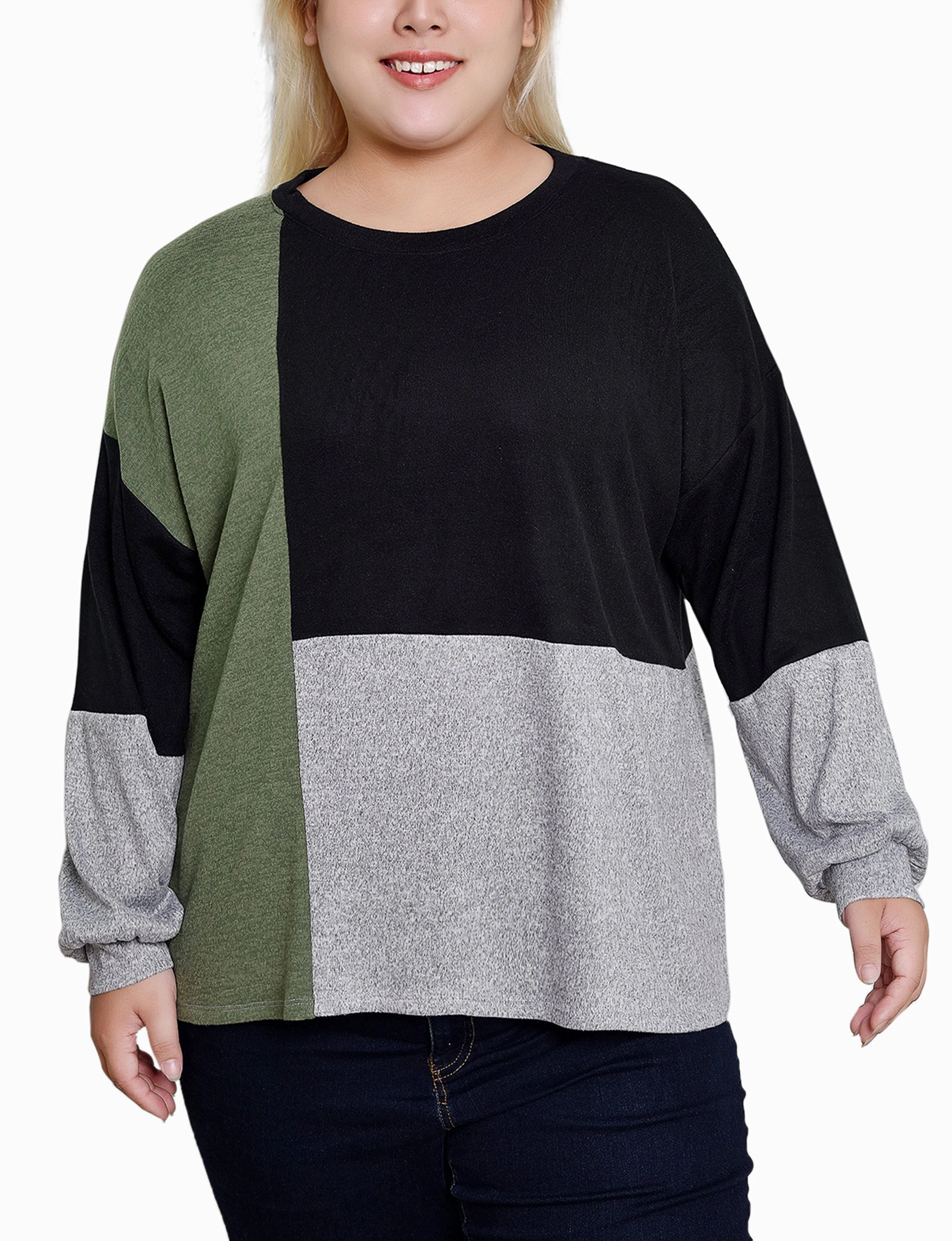 Plus Size Long Sleeve Colorblocked Top NonChafingTrim CushionedSupport