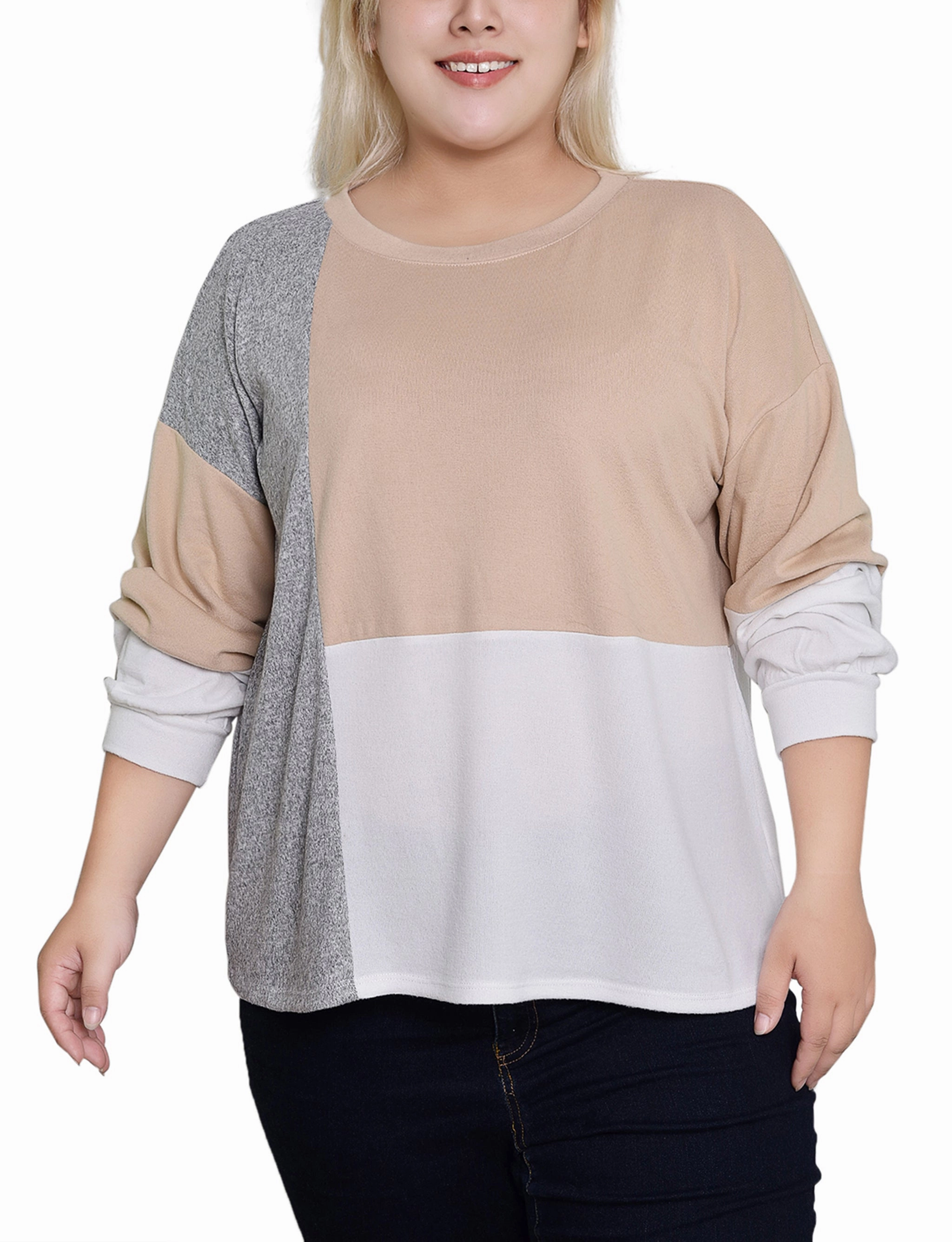 Plus Size Long Sleeve Colorblocked Top FlatlockSeams