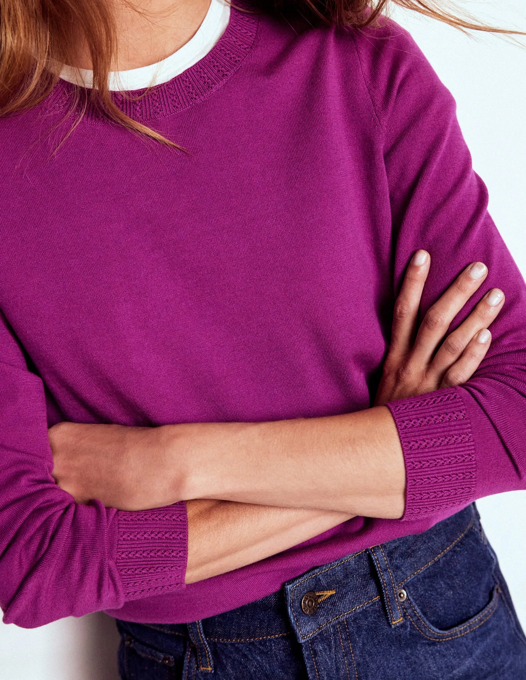 Emilia Cotton Crew Jumper-Regal Purple Layered Cuff Non Restrictive Cuff