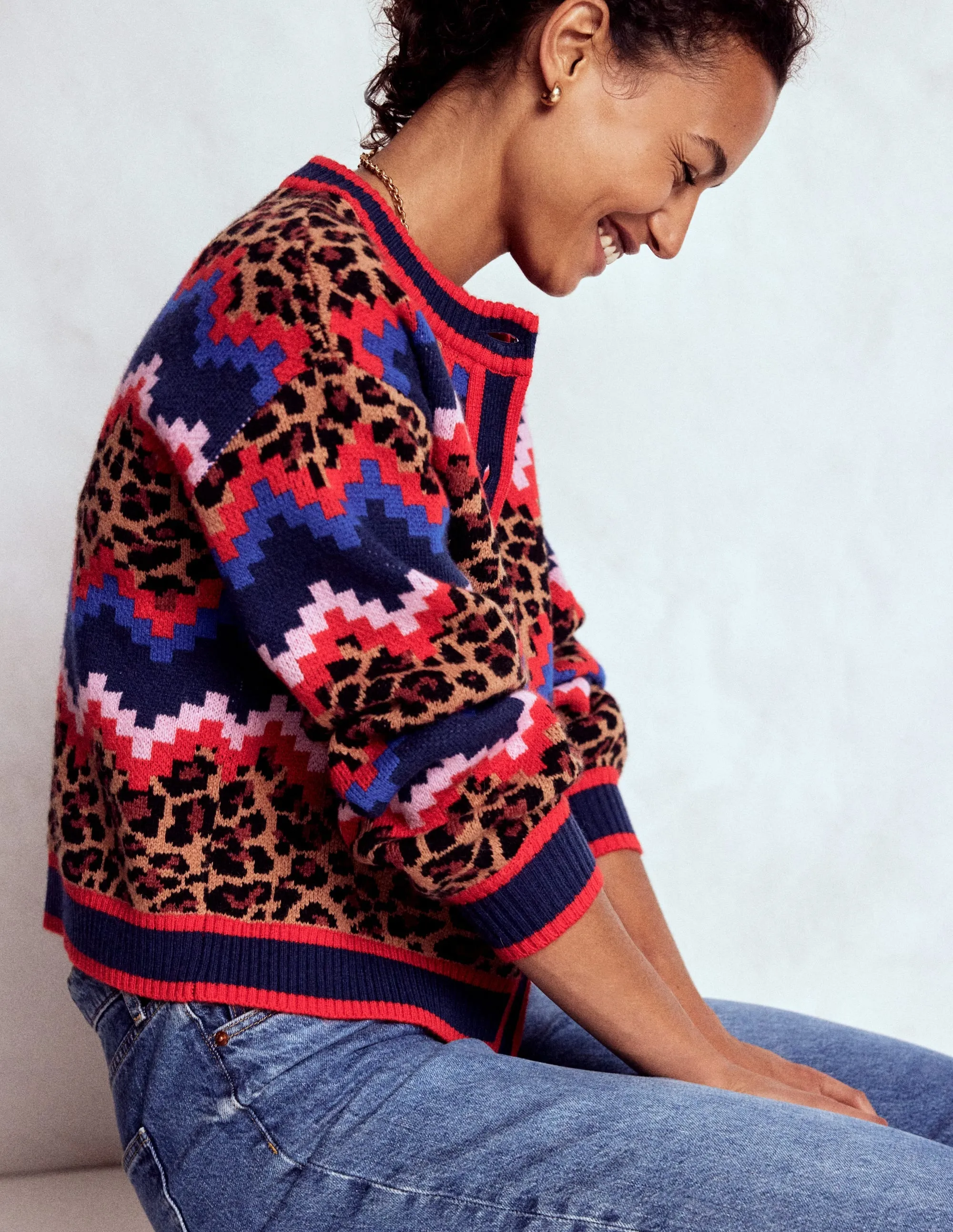 Abi Jacquard Cardigan-Multi Fair Isle, Leopard Warm Outfit Layered Cable Pattern