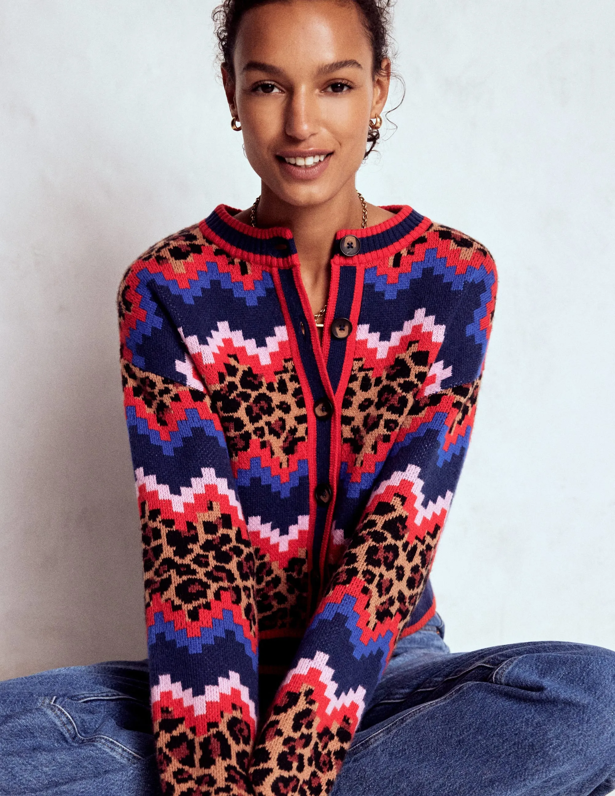 Balanced Stretch Structure Abi Jacquard Cardigan-Multi Fair Isle, Leopard