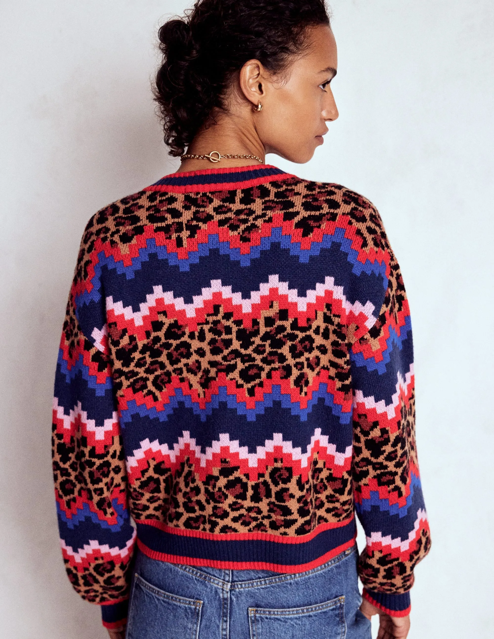 Merino Wool Blend Abi Jacquard Cardigan-Multi Fair Isle, Leopard