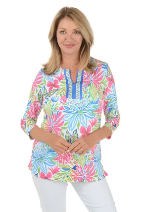 Button Down Collar OdorResistant Fabric Flower Blossoms UPF50 Split Neck Tunic