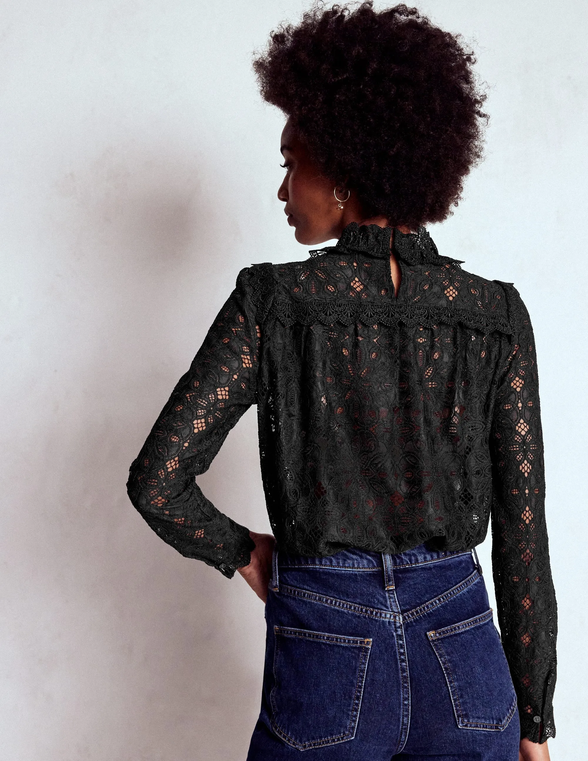 Reflective Safety Accents Lace Trim Detail Top-Black