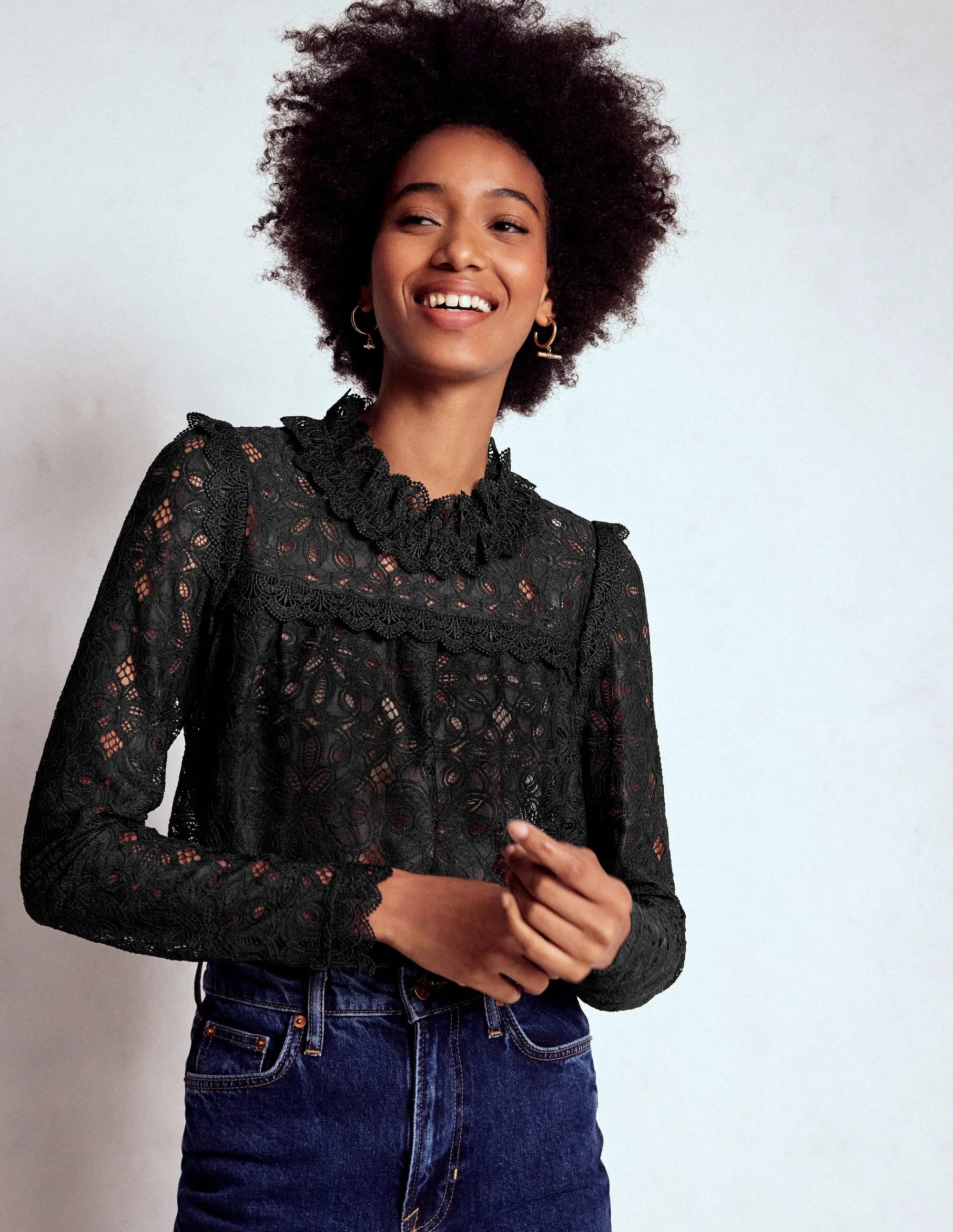 Summer Blouse Lace Trim Detail Top-Black