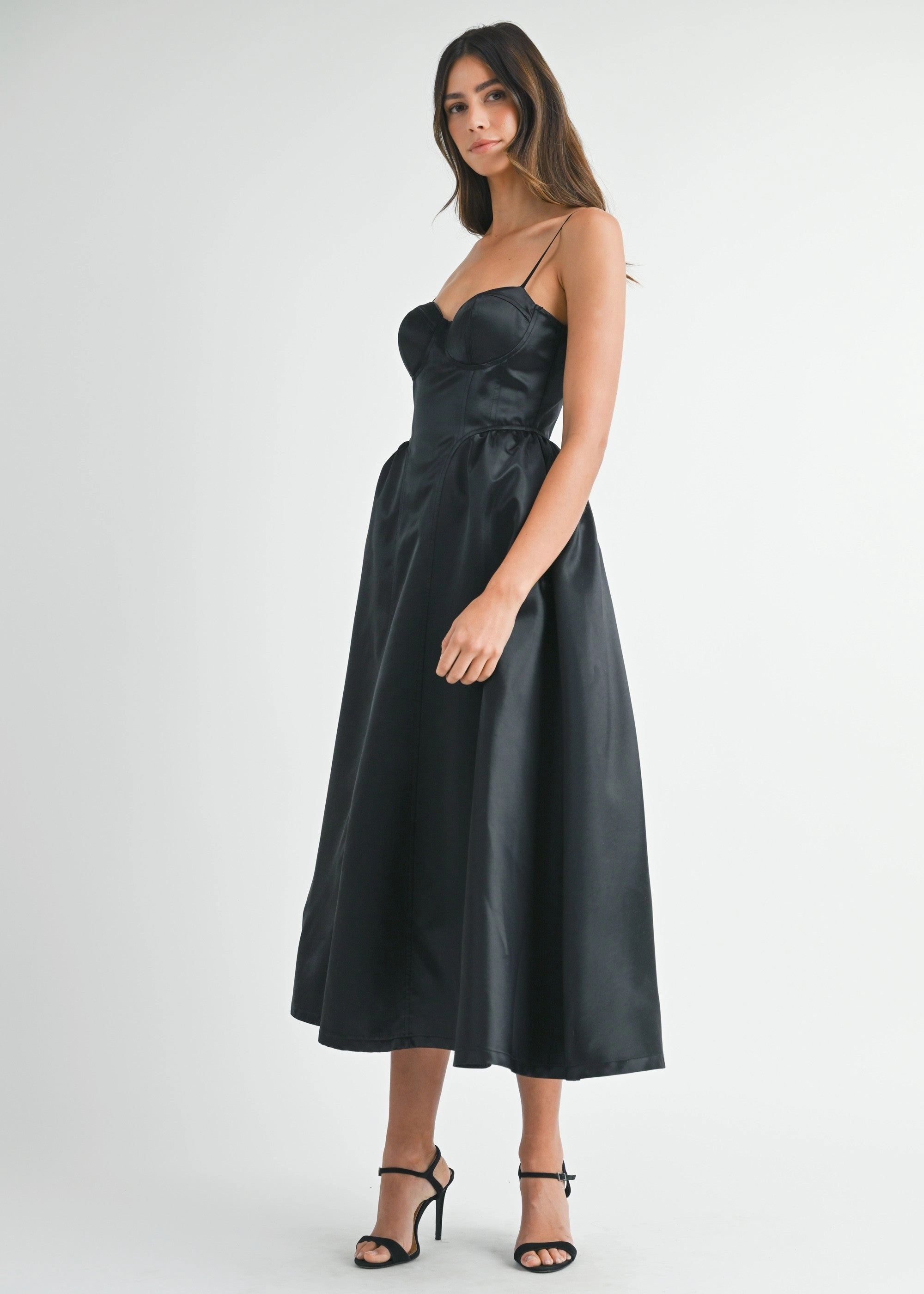 LUNA SOLID TAFFETA BUSTIER MIDI DRESS Lightweight and Breezy Glam Feel