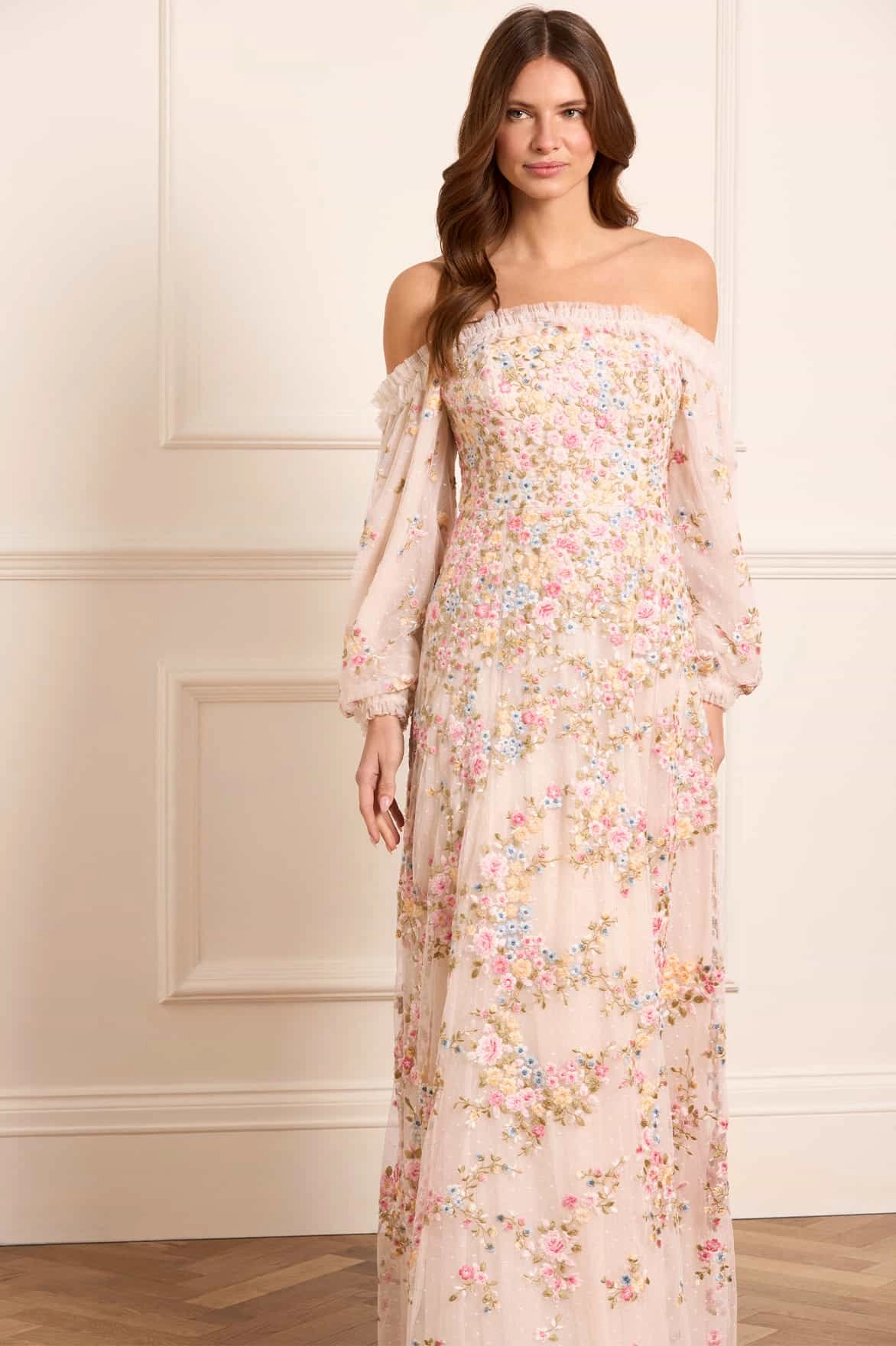 Modest Cut Lunaria Wreath Off-Shoulder Long Sleeve Gown