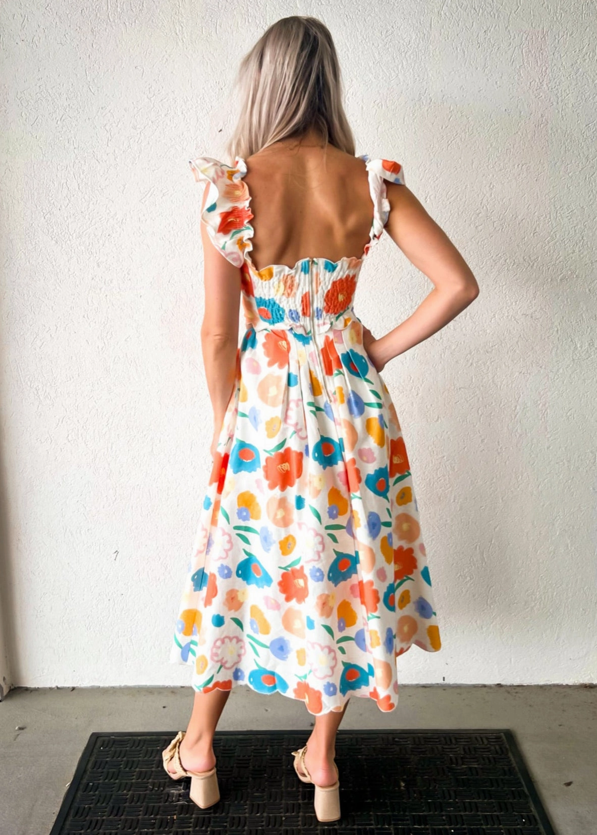 Natural Layers ASHTON FLORAL DENIM SCALLOP MIDI DRESS
