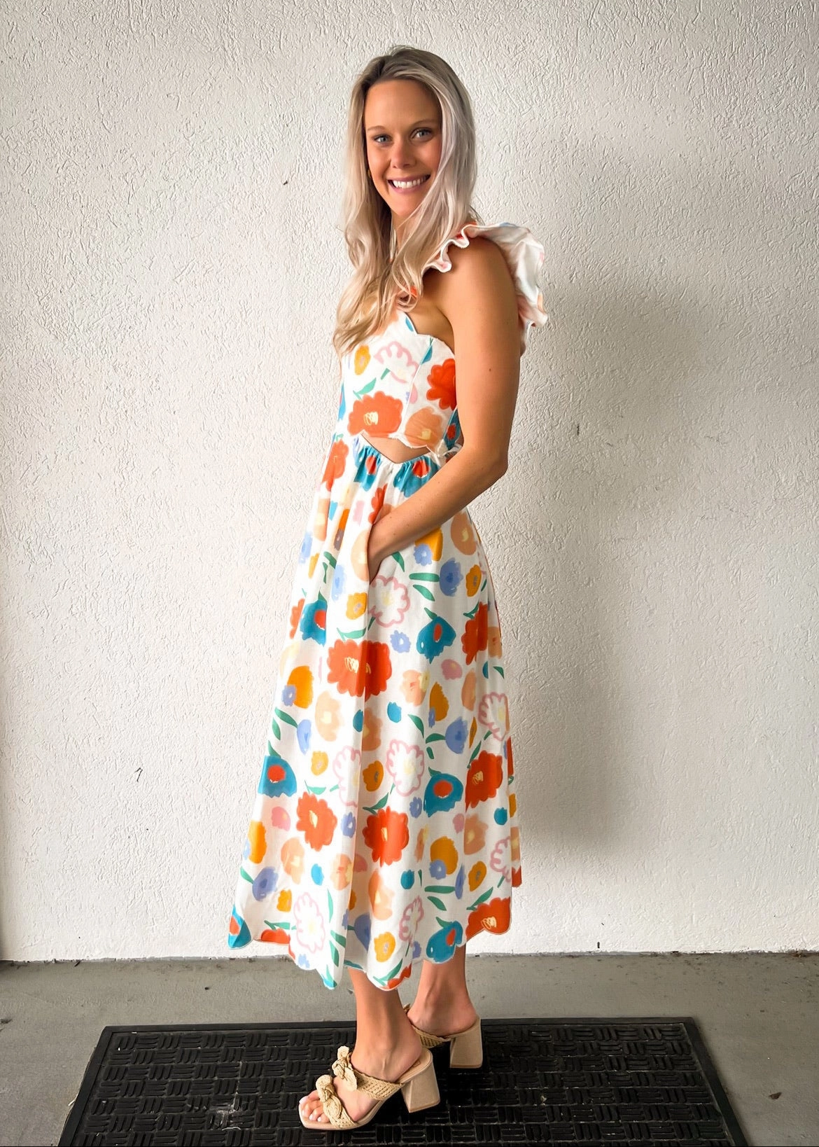 Anti-bacterial ASHTON FLORAL DENIM SCALLOP MIDI DRESS