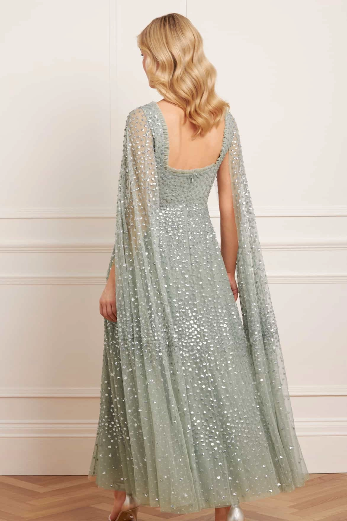 Scatter Dot Cape Sleeve Ankle Gown Drawstring-Waist