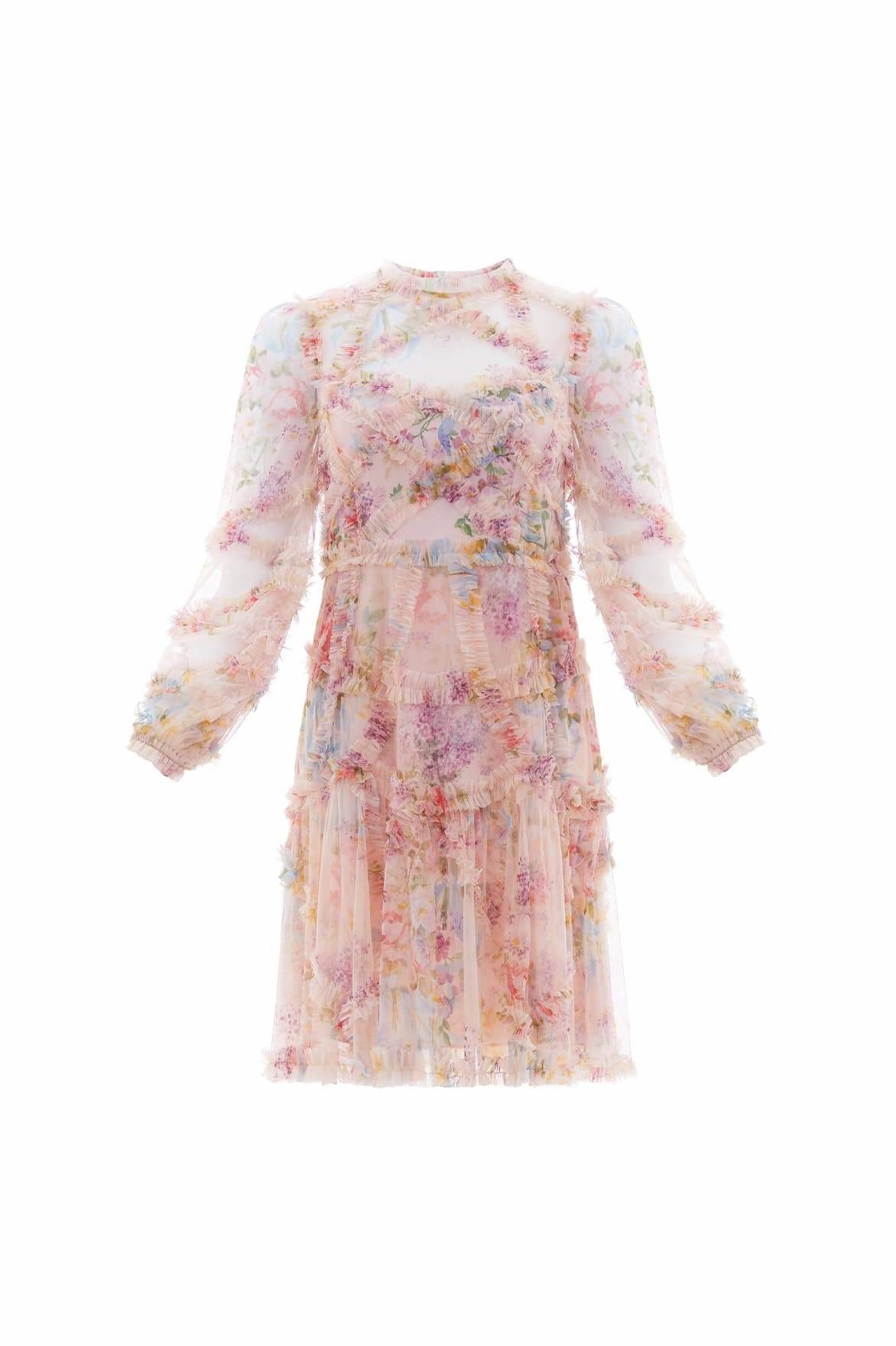 Soft Silhouette Floral Diamond Ruffle Dress