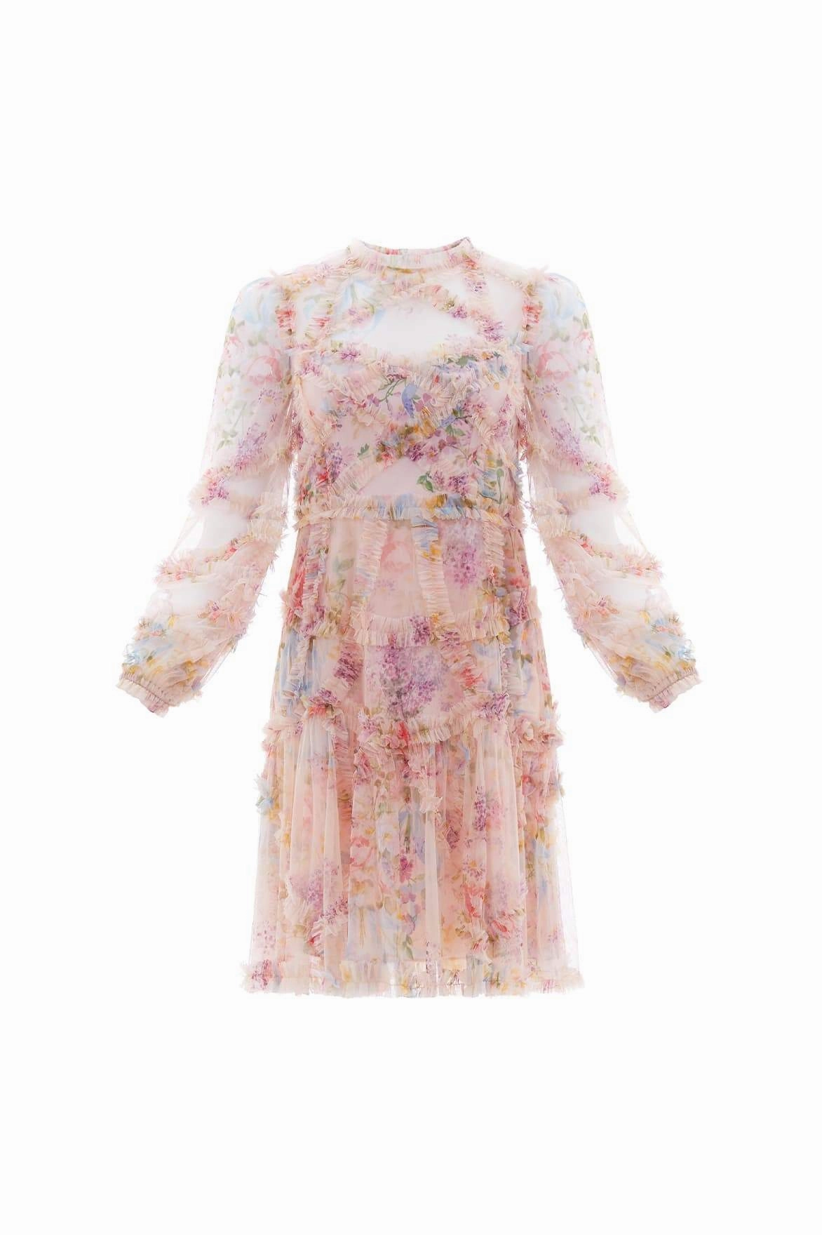 Floral Diamond Ruffle Dress Silky-Feel