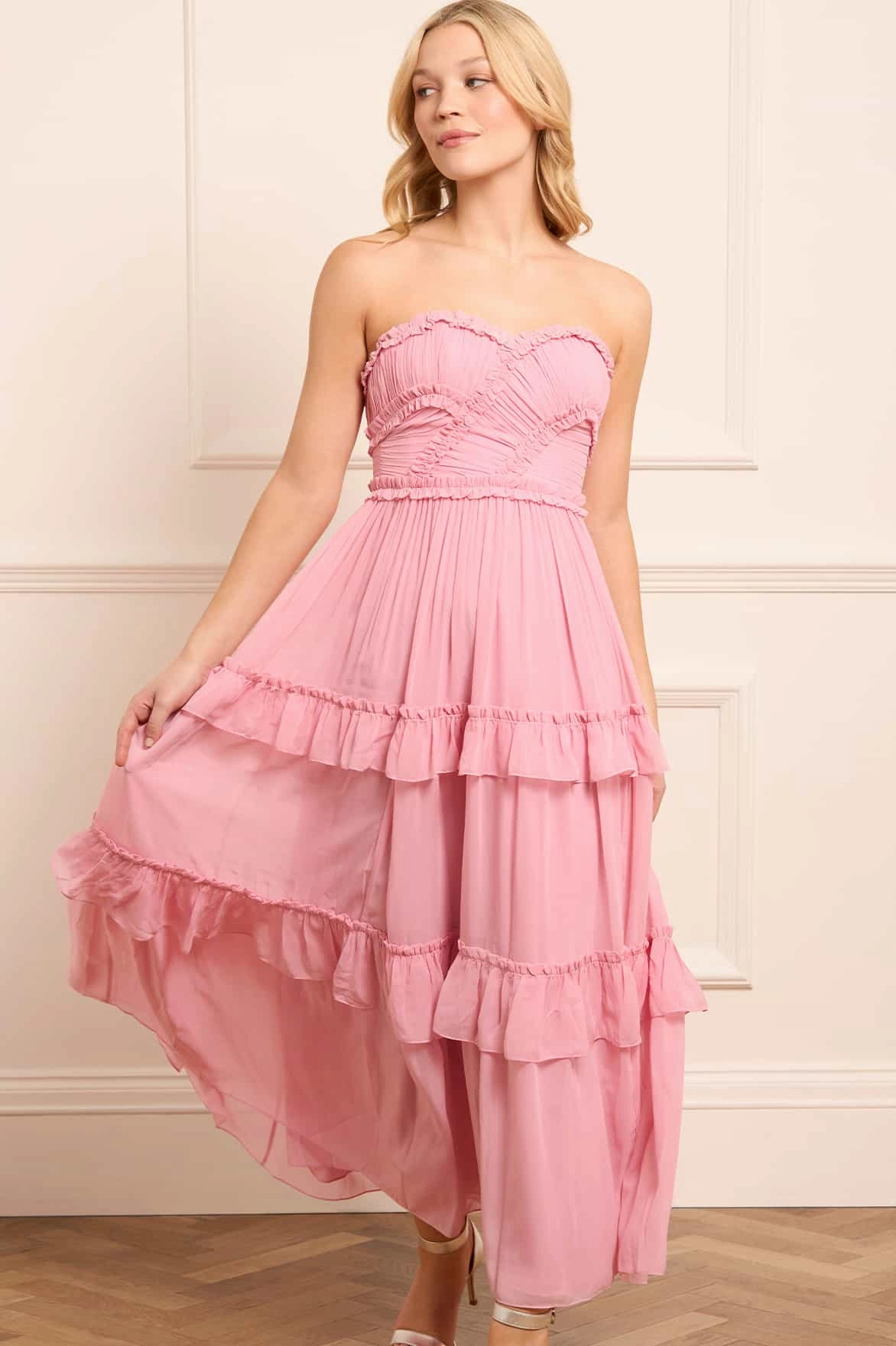 Isabel Chiffon Strapless Ankle Gown Chilly Weather Layer