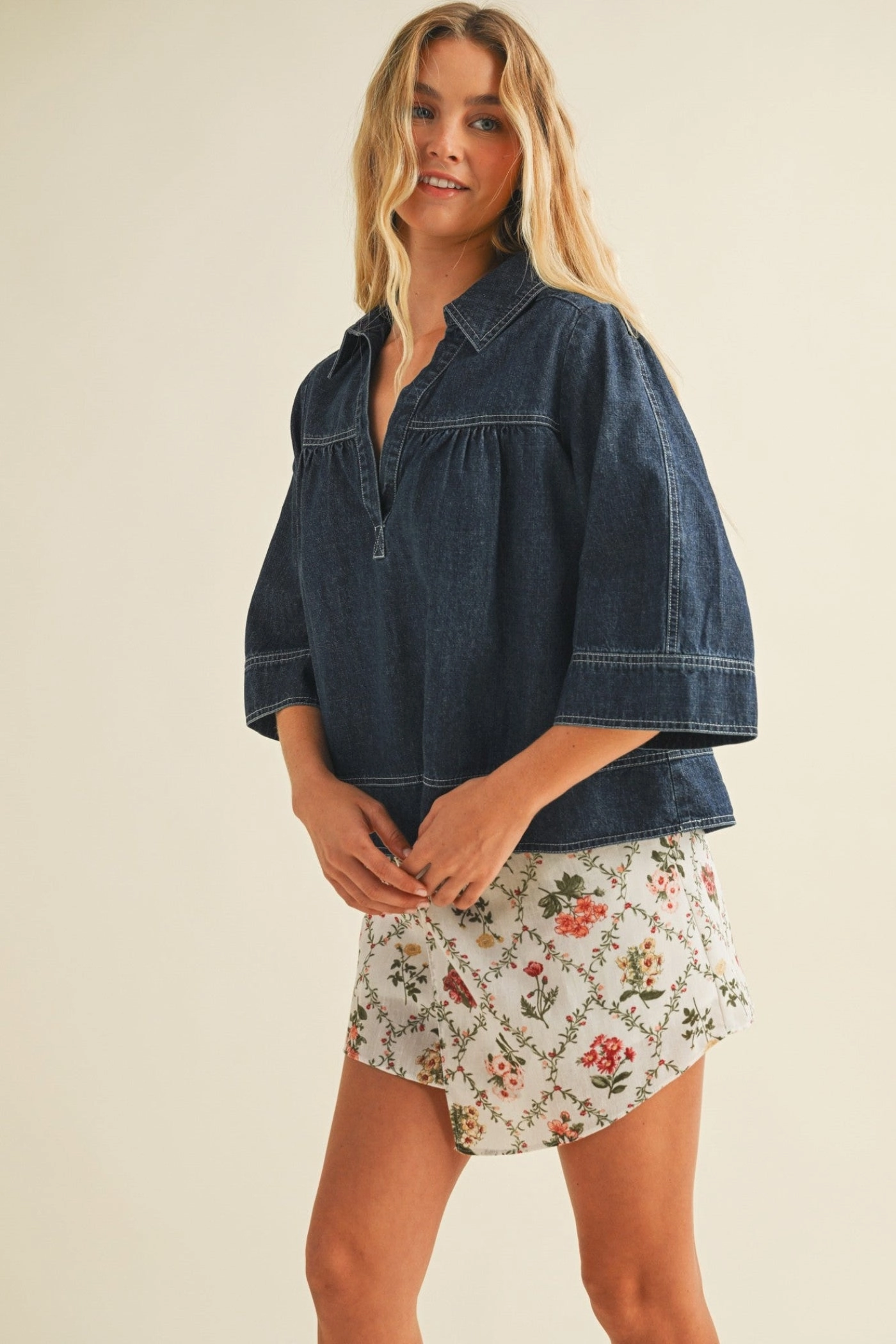 Classic Wear Street Fashion Textured Family Style Autumn Days ALLIE DENIM SWING TOP