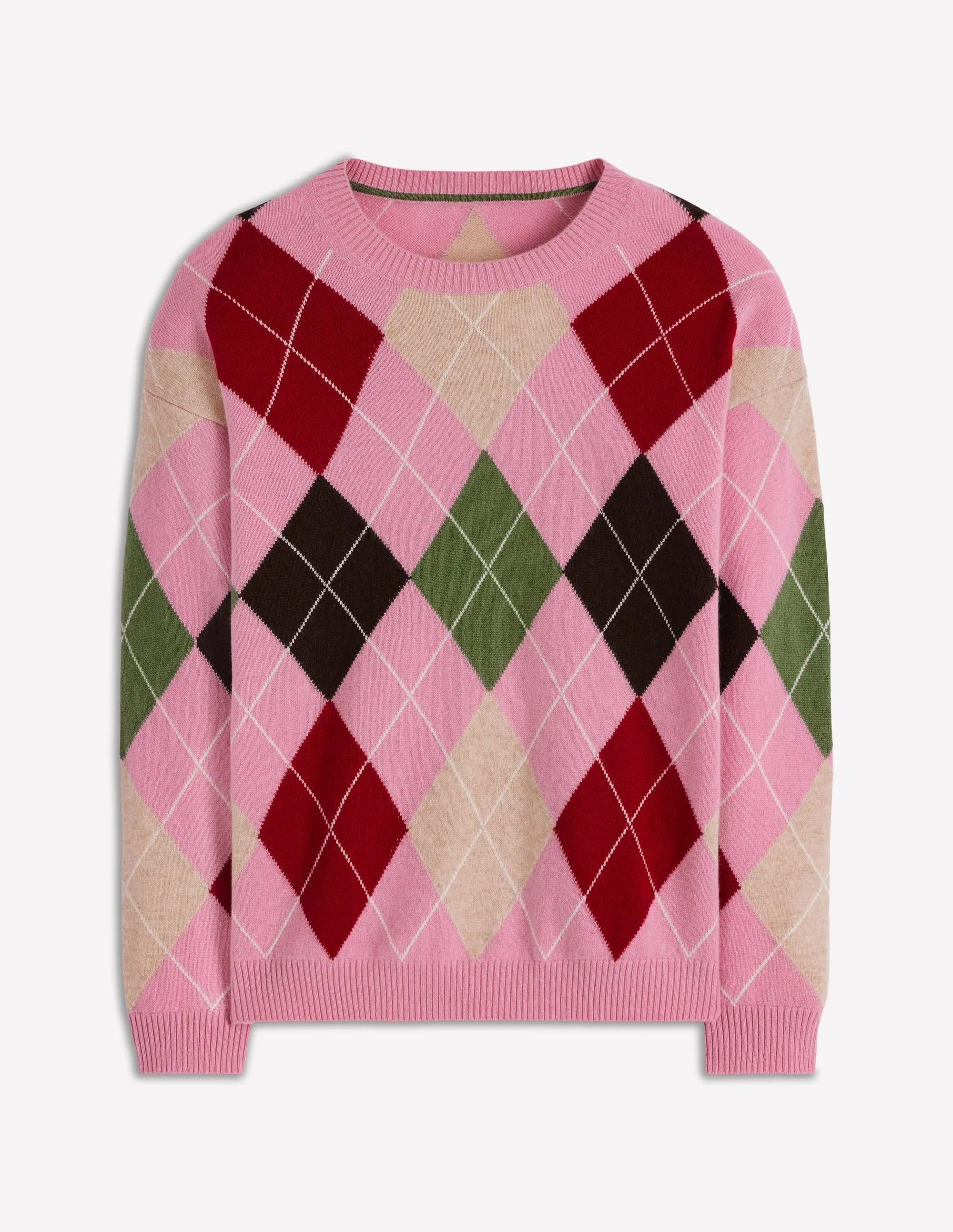 Lydia Cashmere Jumper-Pink, Brown and Green Argyle WrinkleResistant Knit Structure