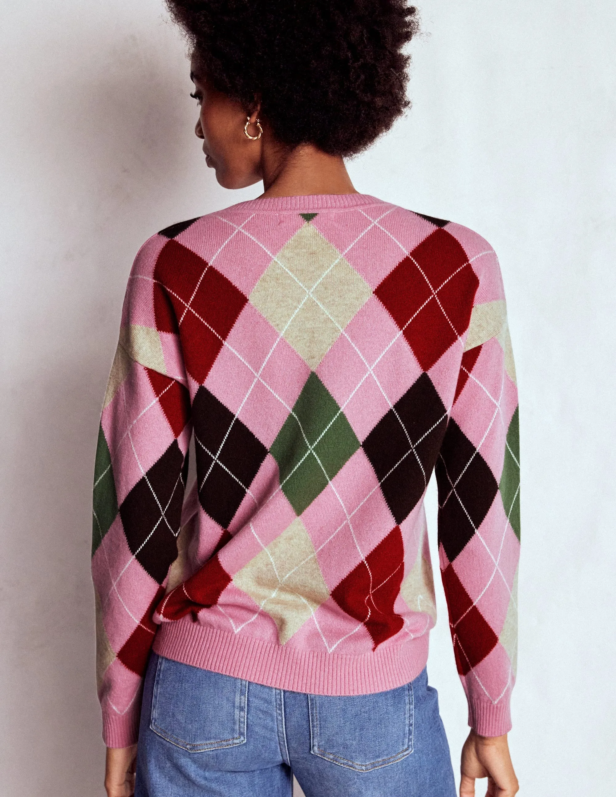 Lydia Cashmere Jumper-Pink, Brown and Green Argyle Ready To Go