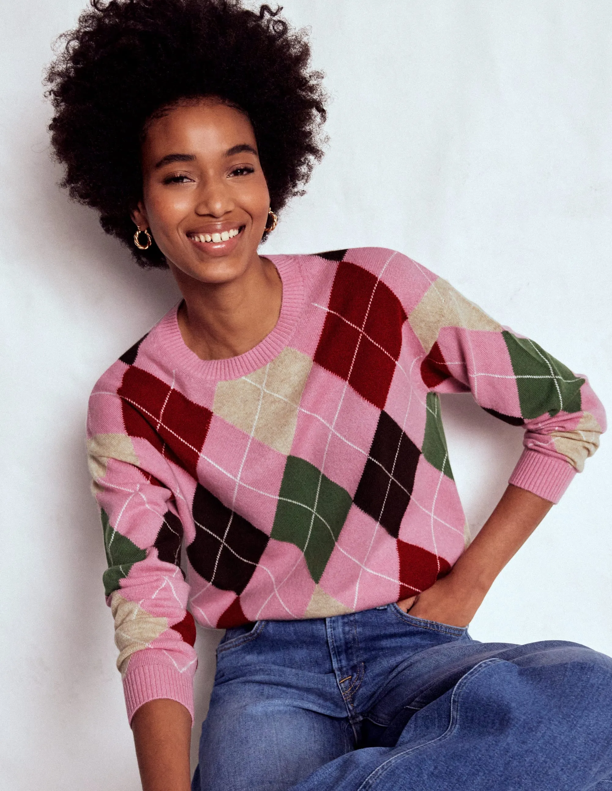 SoftTouch Material Lydia Cashmere Jumper-Pink, Brown and Green Argyle