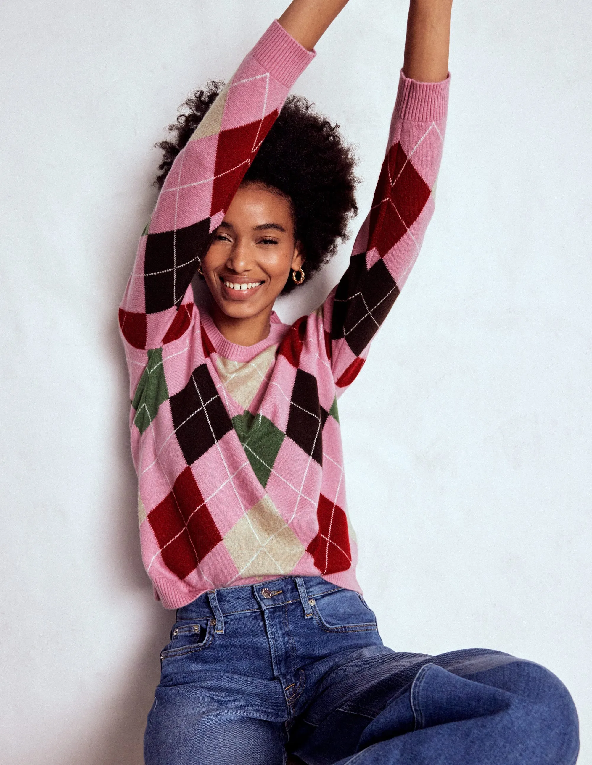 Lydia Cashmere Jumper-Pink, Brown and Green Argyle Cold Comfort Low Key