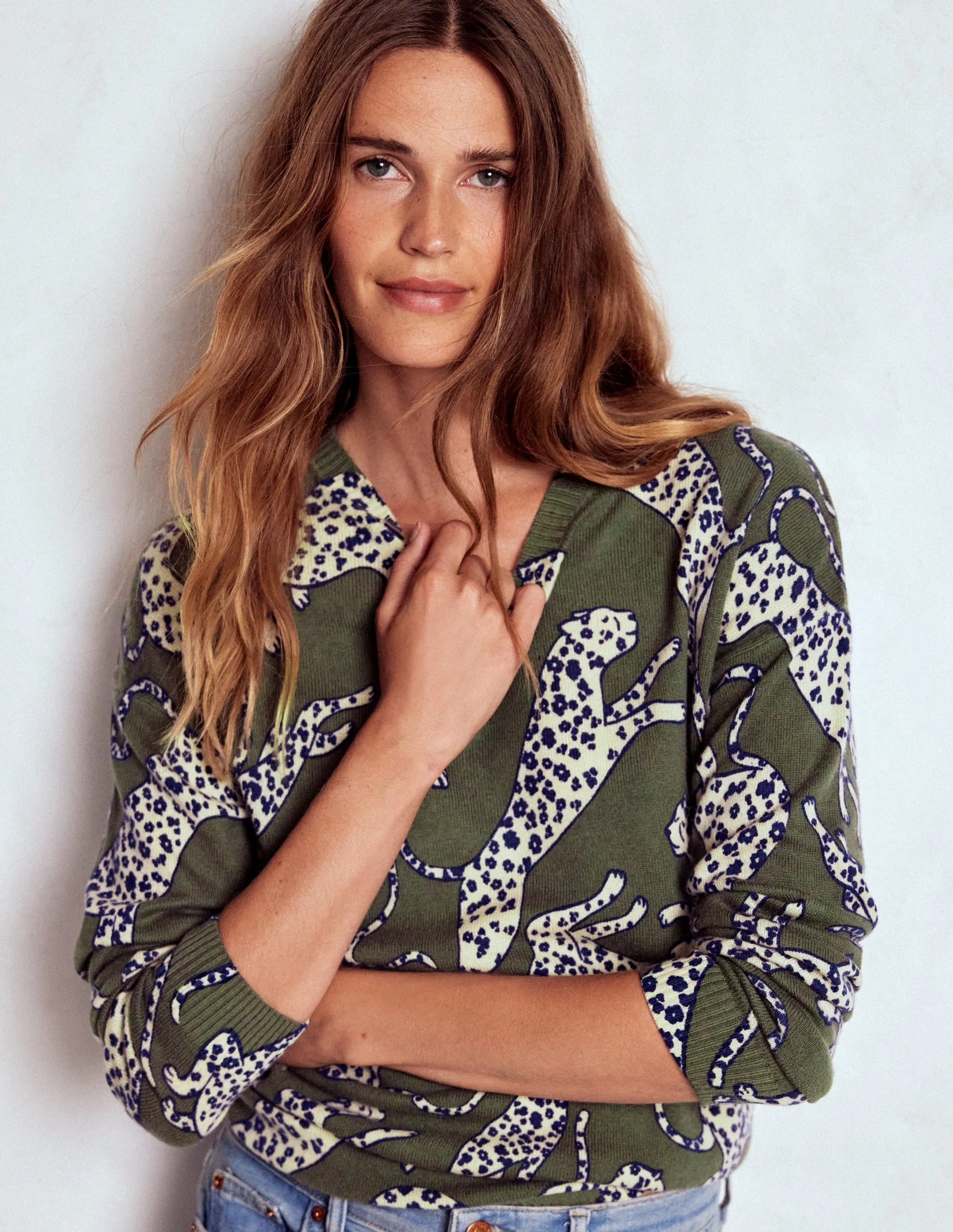 Autumn Fashion Relaxed Layer Lydia Cashmere Jumper-Woodland Green, Leopard