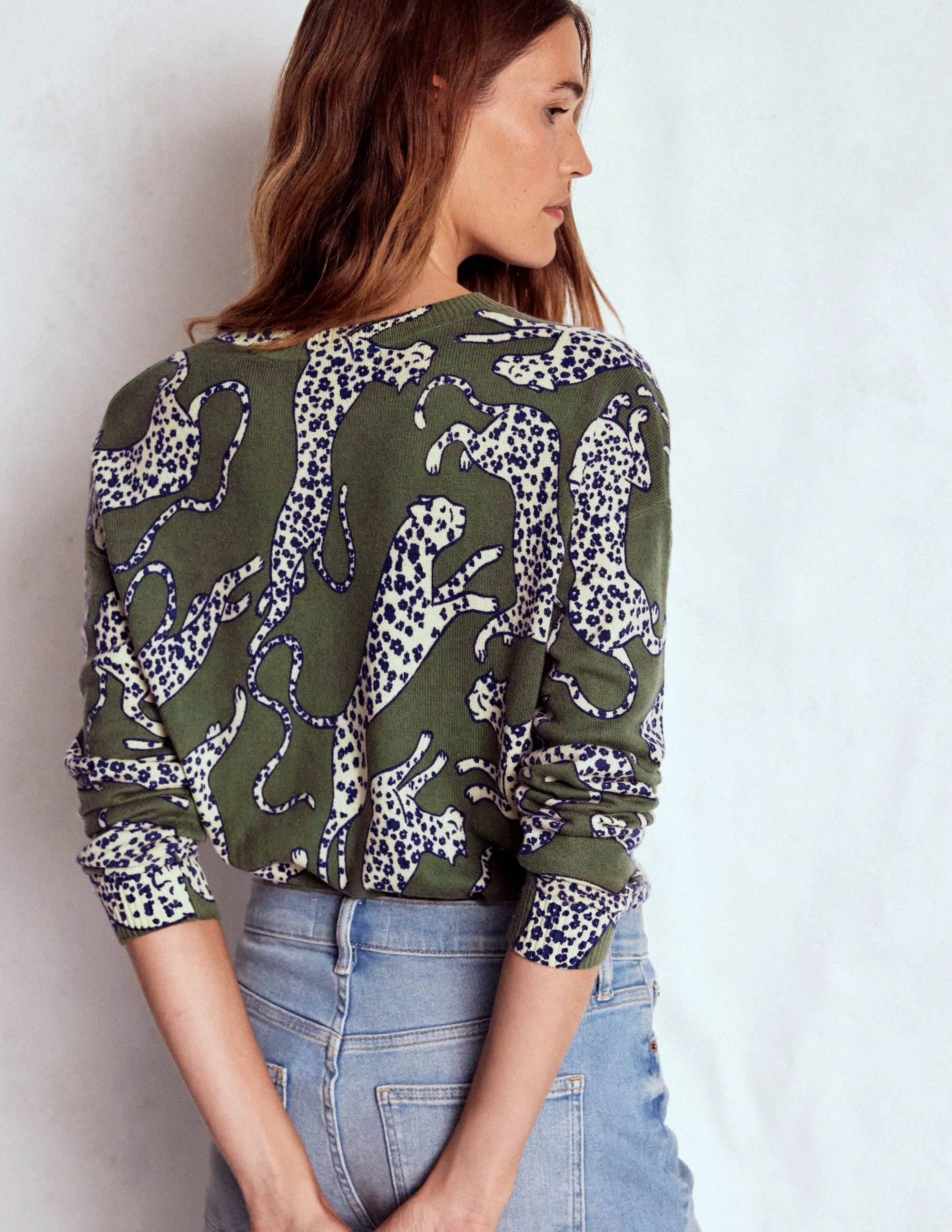 simple design Lydia Cashmere Jumper-Woodland Green, Leopard