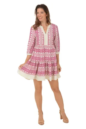 Air Touch Magenta Bohemian 3/4 Sleeve Tiered Dress