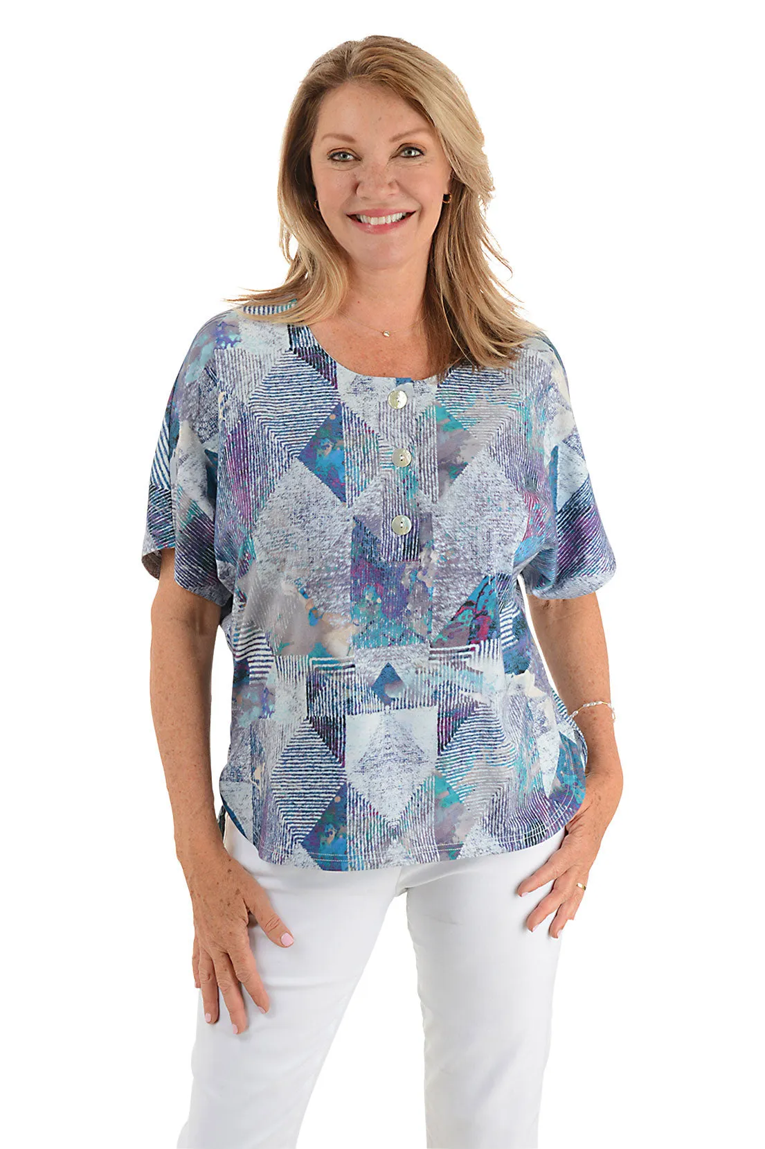 UltraSoft Lining Maida Triple Button Short Sleeve Top