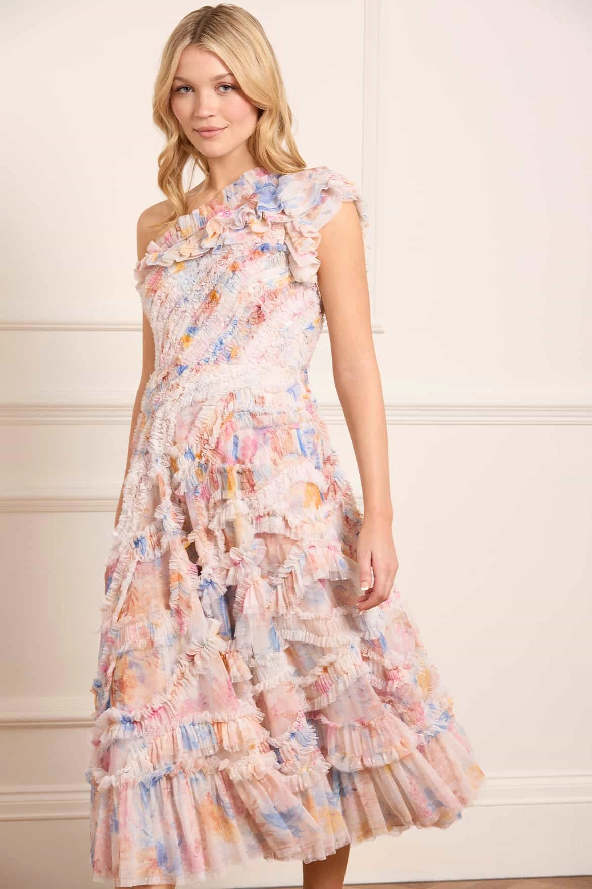 Mariannes Floral Aaliyah One-Shoulder Ballerina Dress Sheer Panel