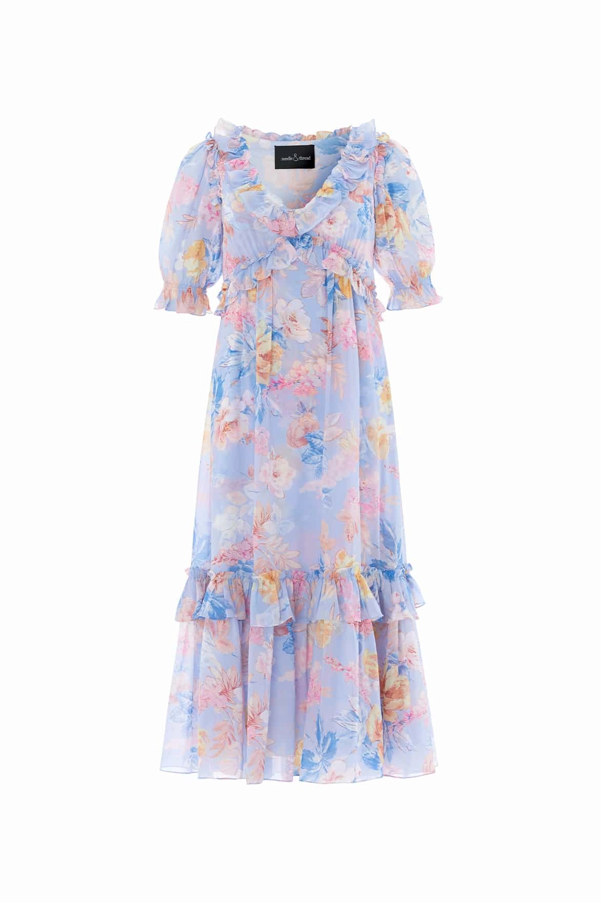Evening-Wear Floral-Pattern Mariannes Floral Chiffon Short Sleeve Ballerina Dress